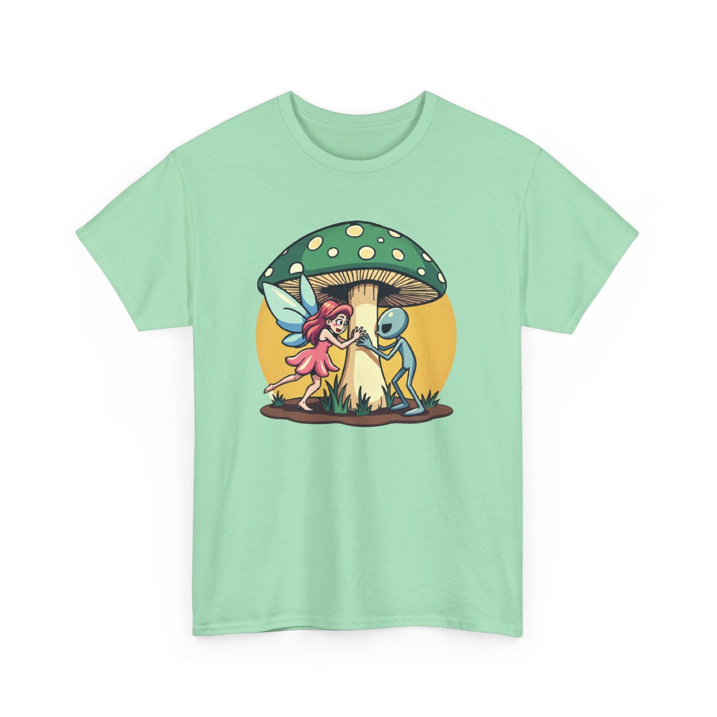 Alien chased by Fairy, Mushroom Unisex Heavy Cotton Tee - Psychonaut Swag