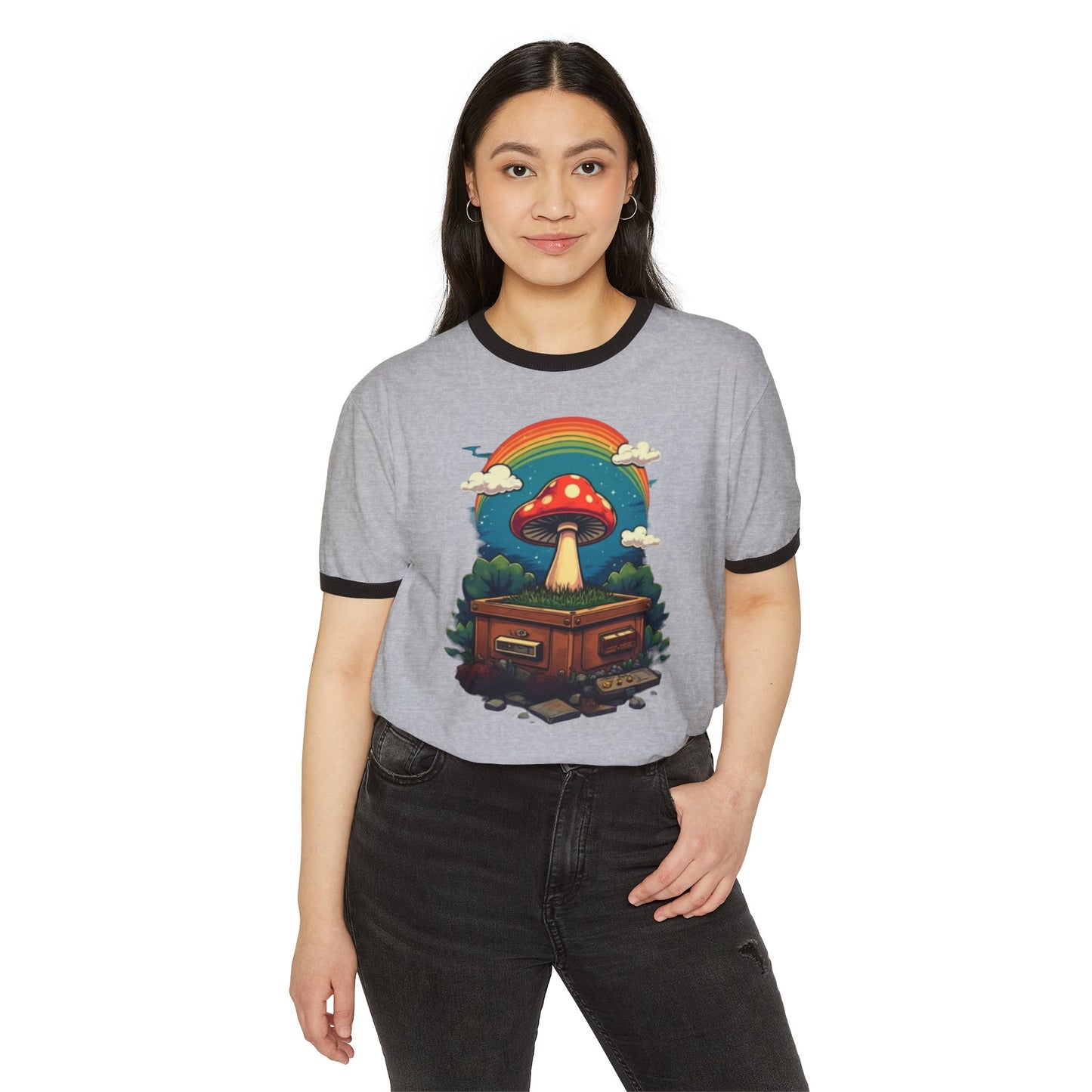 Rainbow Mushroom Unisex Cotton Ringer T-Shirt | Psychedelic Tee, Retro Fashion, Gift for Nature Lovers, Summer Wear, Festival Shirt - Psychonaut Swag