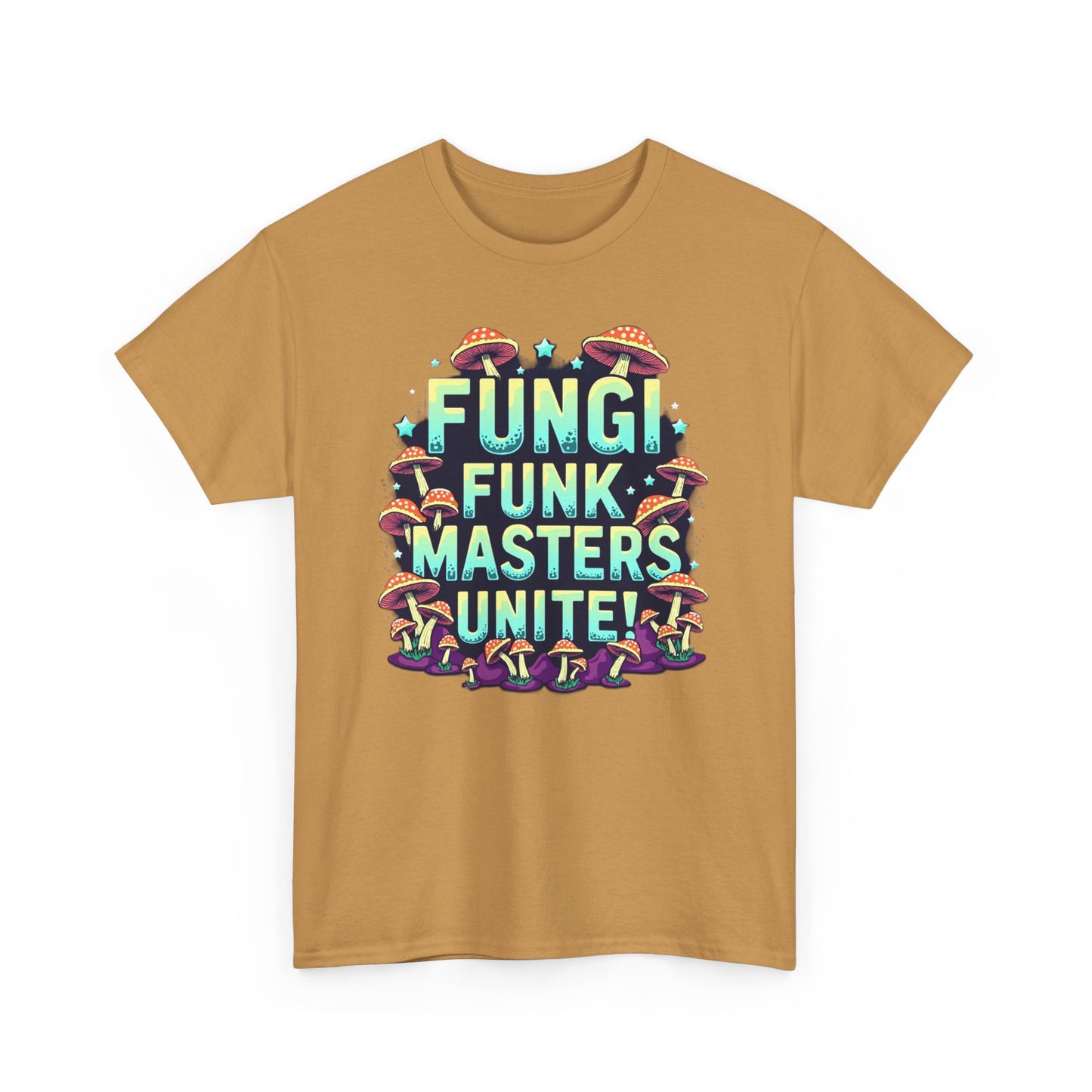 Fungi Funk Masters Unite Unisex Heavy Cotton Tee - Playful Mushroom Graphic T-Shirt - Psychonaut Swag