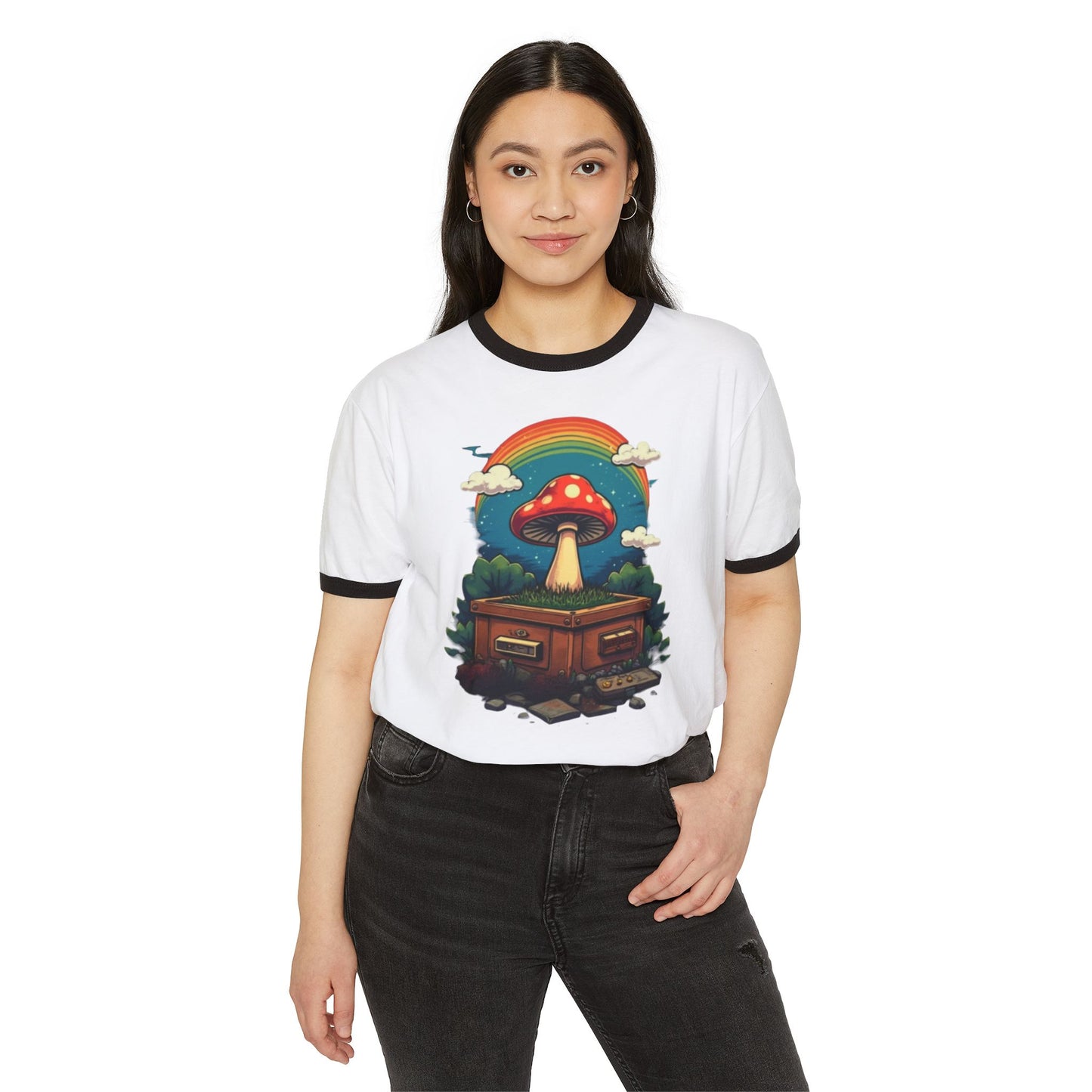 Rainbow Mushroom Unisex Cotton Ringer T-Shirt | Psychedelic Tee, Retro Fashion, Gift for Nature Lovers, Summer Wear, Festival Shirt - Psychonaut Swag