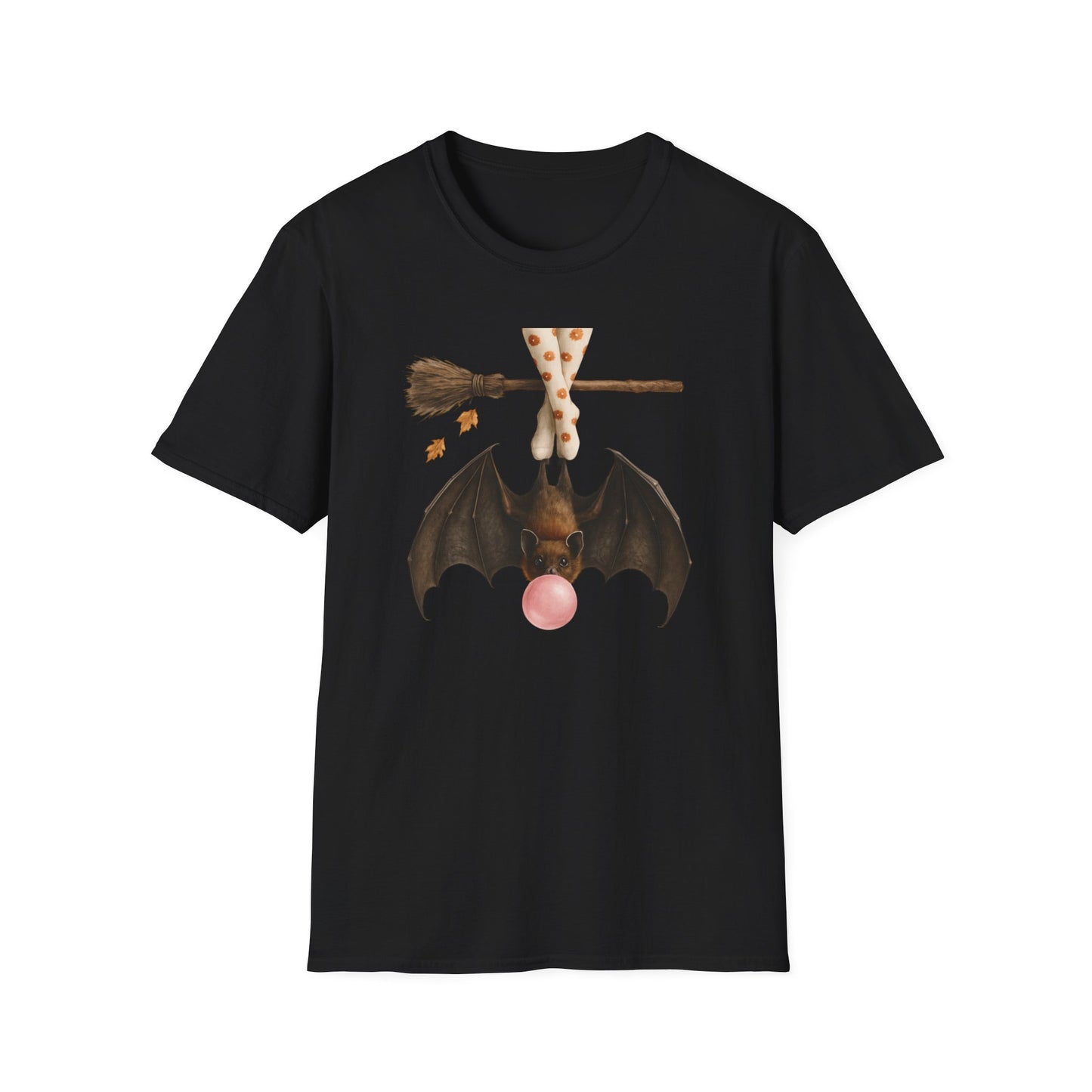 Bat and Bubblegum Unisex Softstyle T-Shirt, Halloween Top, Whimsical Graphic Tee, Cute Gift for Animal Lovers, Fall Vibes