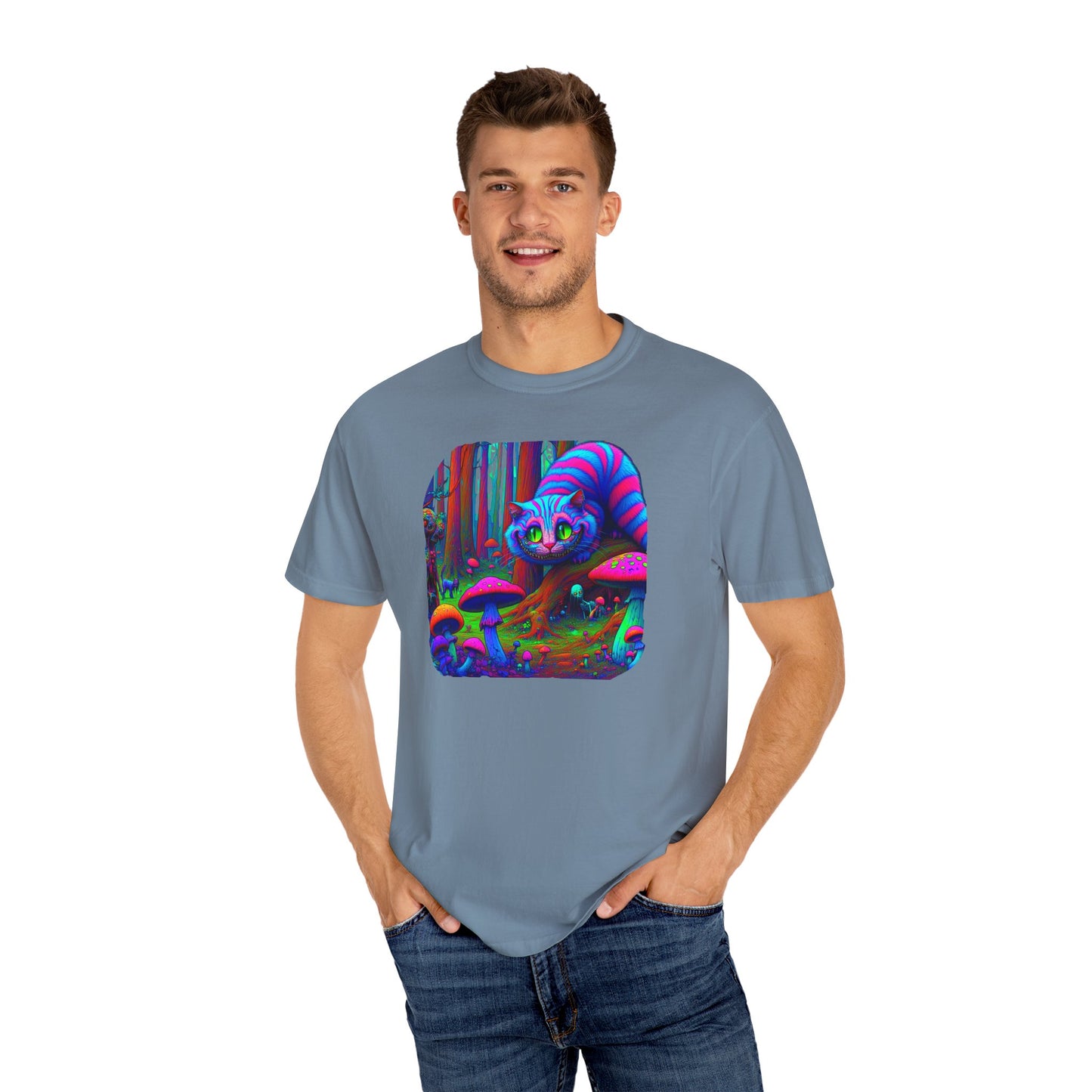 Curious Cat with mushrooms, Unisex Garment-Dyed T-shirt - Psychonaut Swag