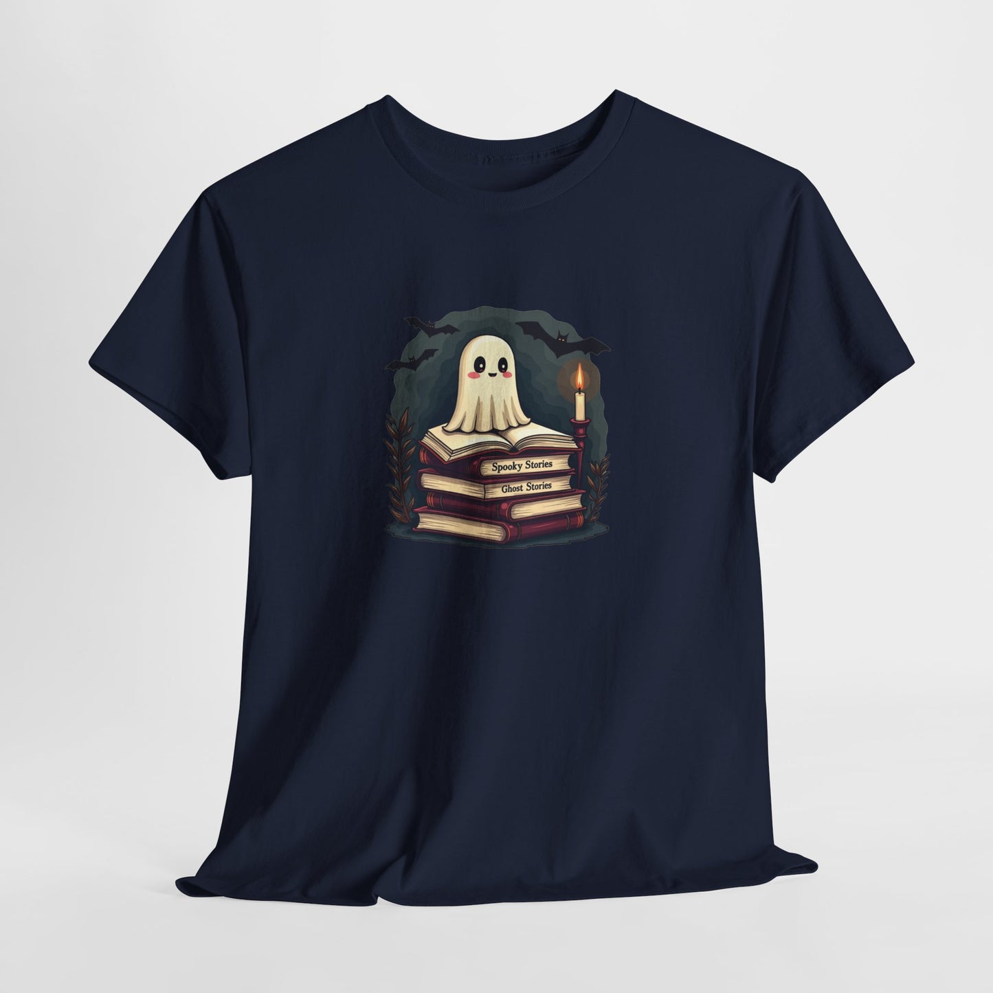 Ghost Reader T-Shirt — Cute Ghost on Stacked Books Halloween Tee