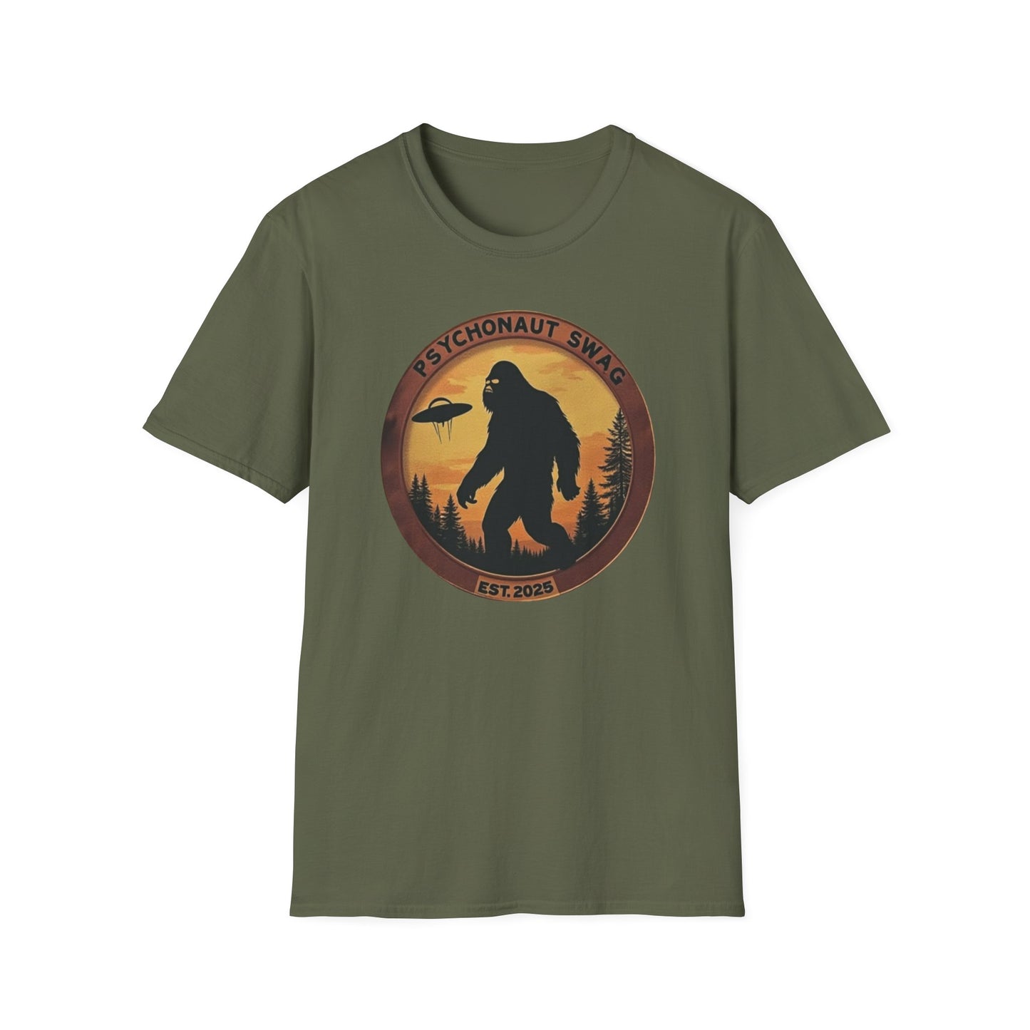 Bigfoot and UFO, Unisex Softstyle T-Shirt, Trendy Graphic Tee, Funny Bigfoot Shirt, Adventure Apparel, Gift for Nature Lovers