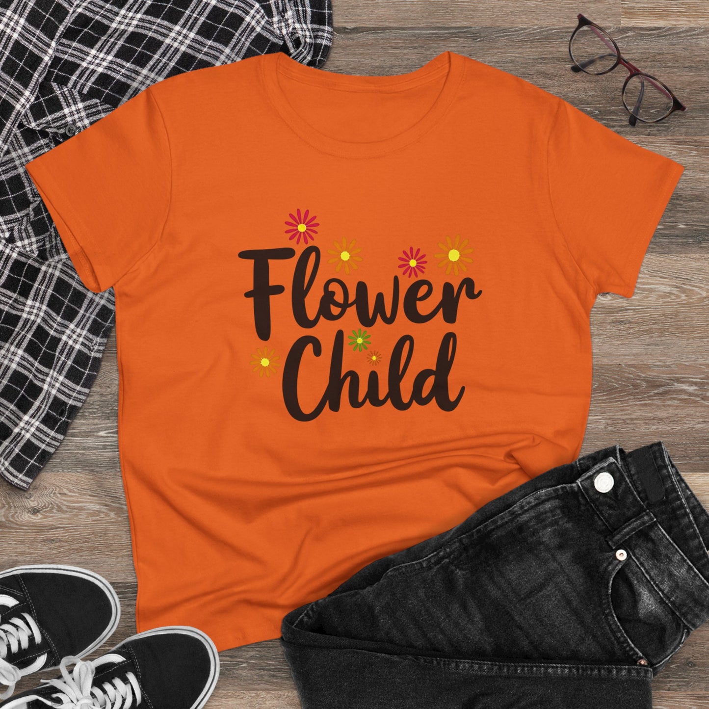 Flower Child Women's Midweight Cotton Tee - Boho Vintage Style Shirt for Everyday Wear - Psychonaut Swag