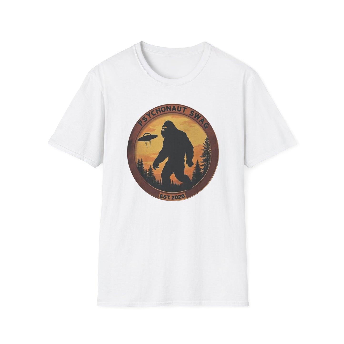 Bigfoot and UFO, Unisex Softstyle T-Shirt, Trendy Graphic Tee, Funny Bigfoot Shirt, Adventure Apparel, Gift for Nature Lovers