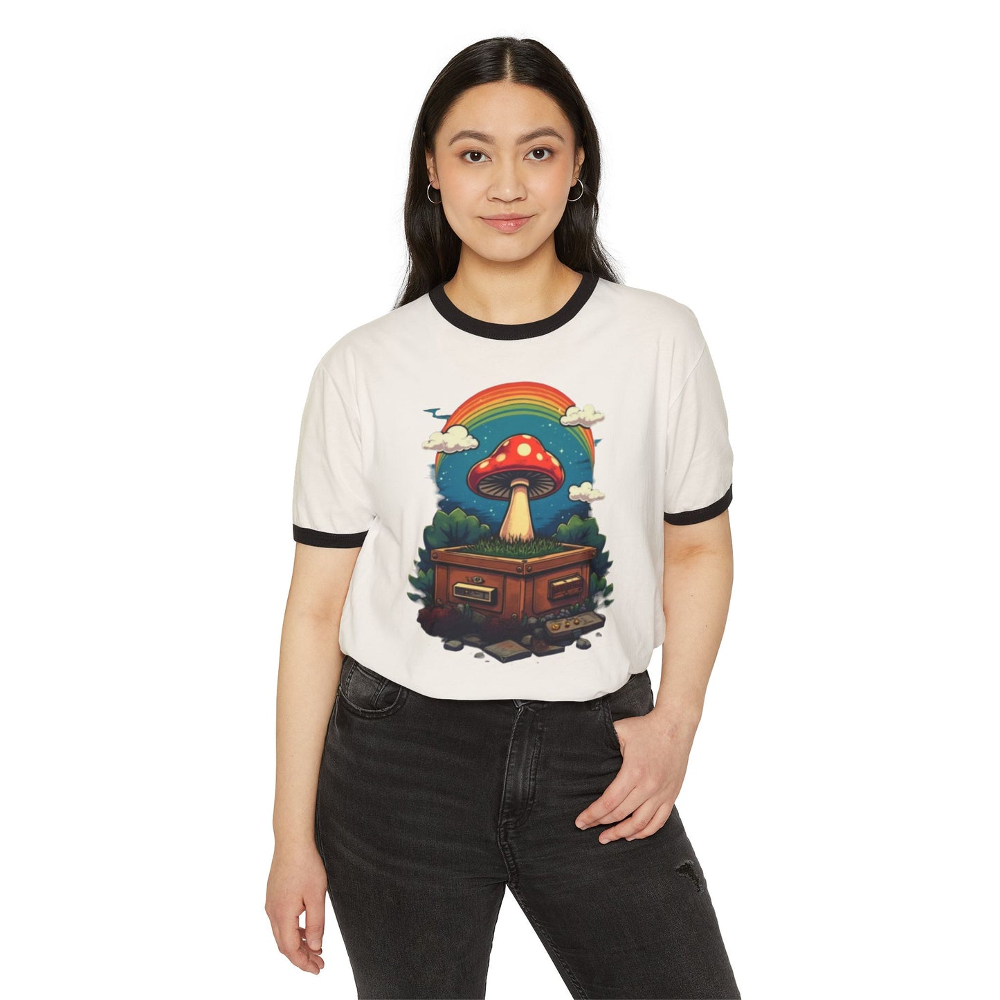 Rainbow Mushroom Unisex Cotton Ringer T-Shirt | Psychedelic Tee, Retro Fashion, Gift for Nature Lovers, Summer Wear, Festival Shirt - Psychonaut Swag