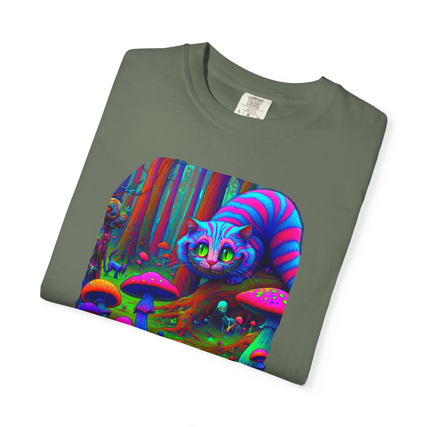 Curious Cat with mushrooms, Unisex Garment-Dyed T-shirt - Psychonaut Swag