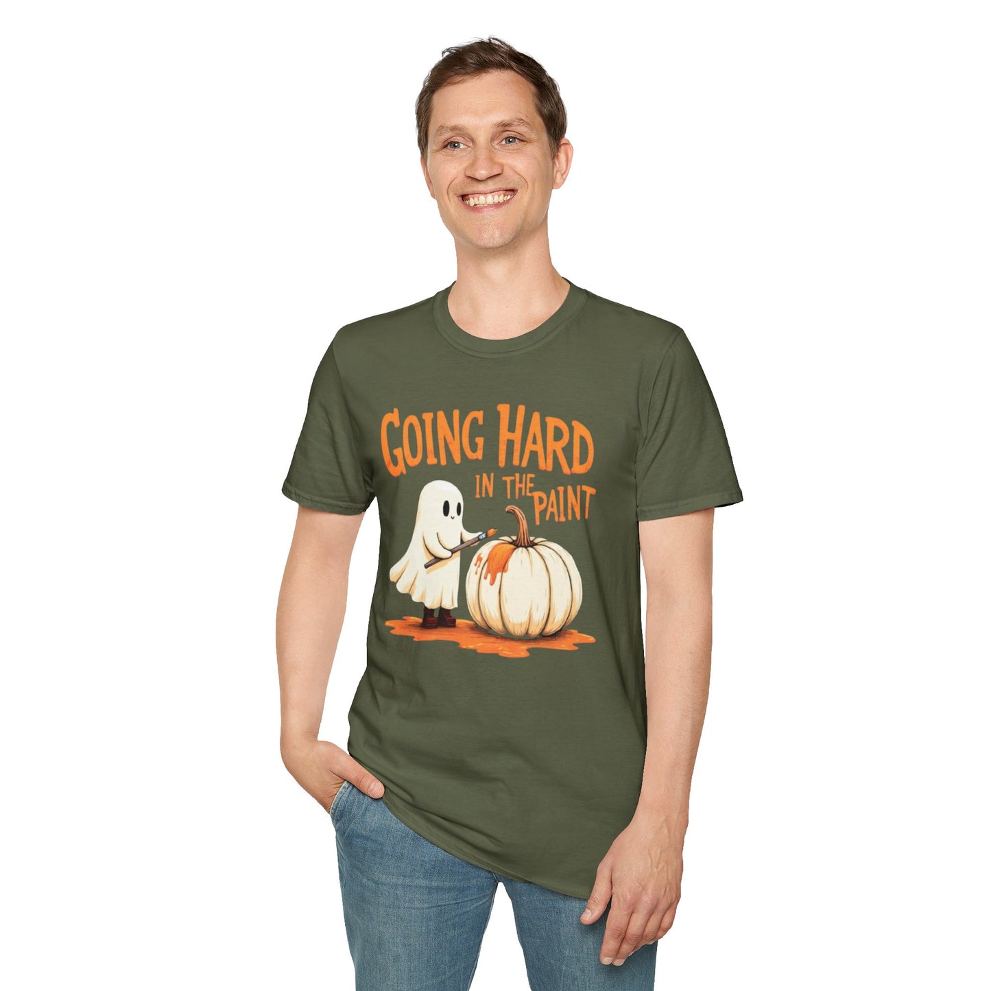Halloween Ghost painting, T-Shirt, Fun Halloween Shirt, Unisex Softstyle Tee, Autumn Apparel, Pumpkin Design Tee