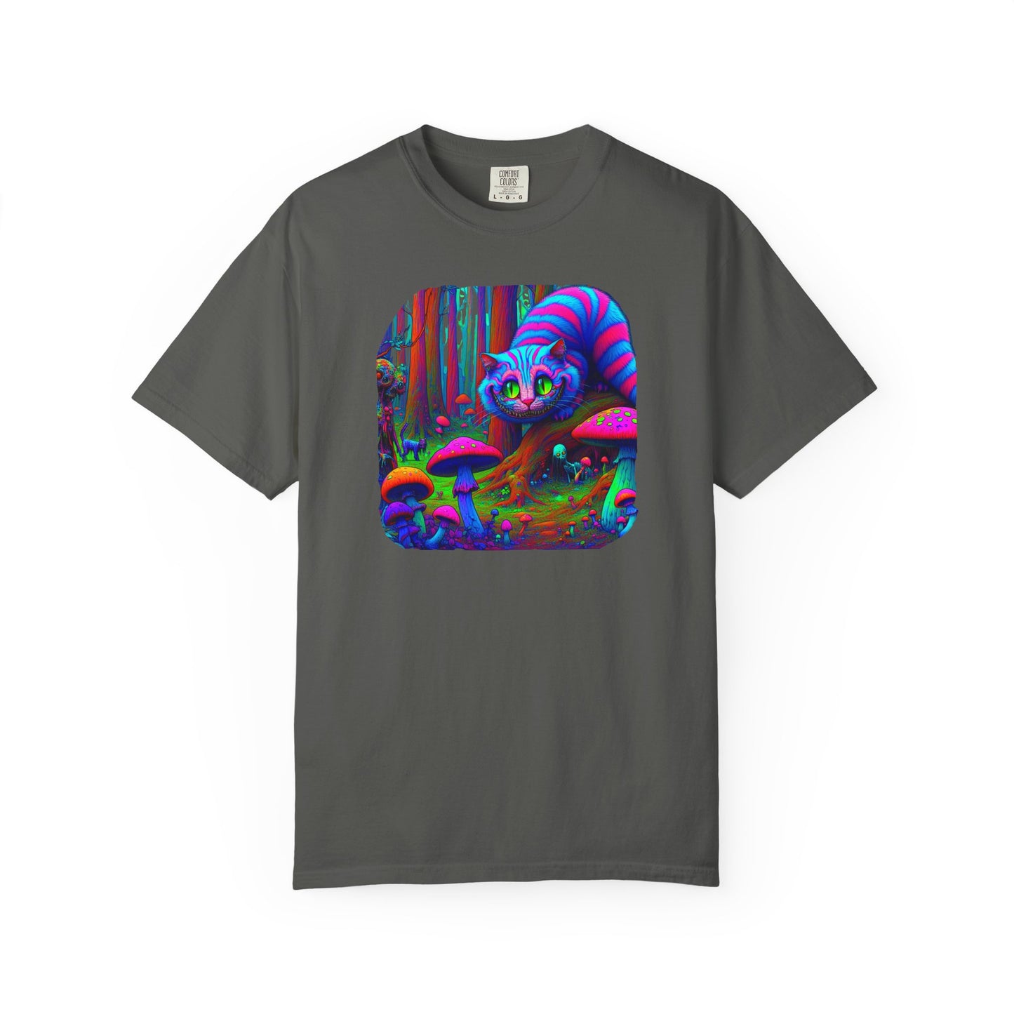 Curious Cat with mushrooms, Unisex Garment-Dyed T-shirt - Psychonaut Swag
