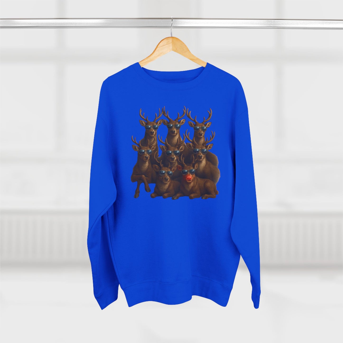 Cozy Reindeer Family Photo, Crewneck Sweatshirt — Rustic Holiday Wildlife Design