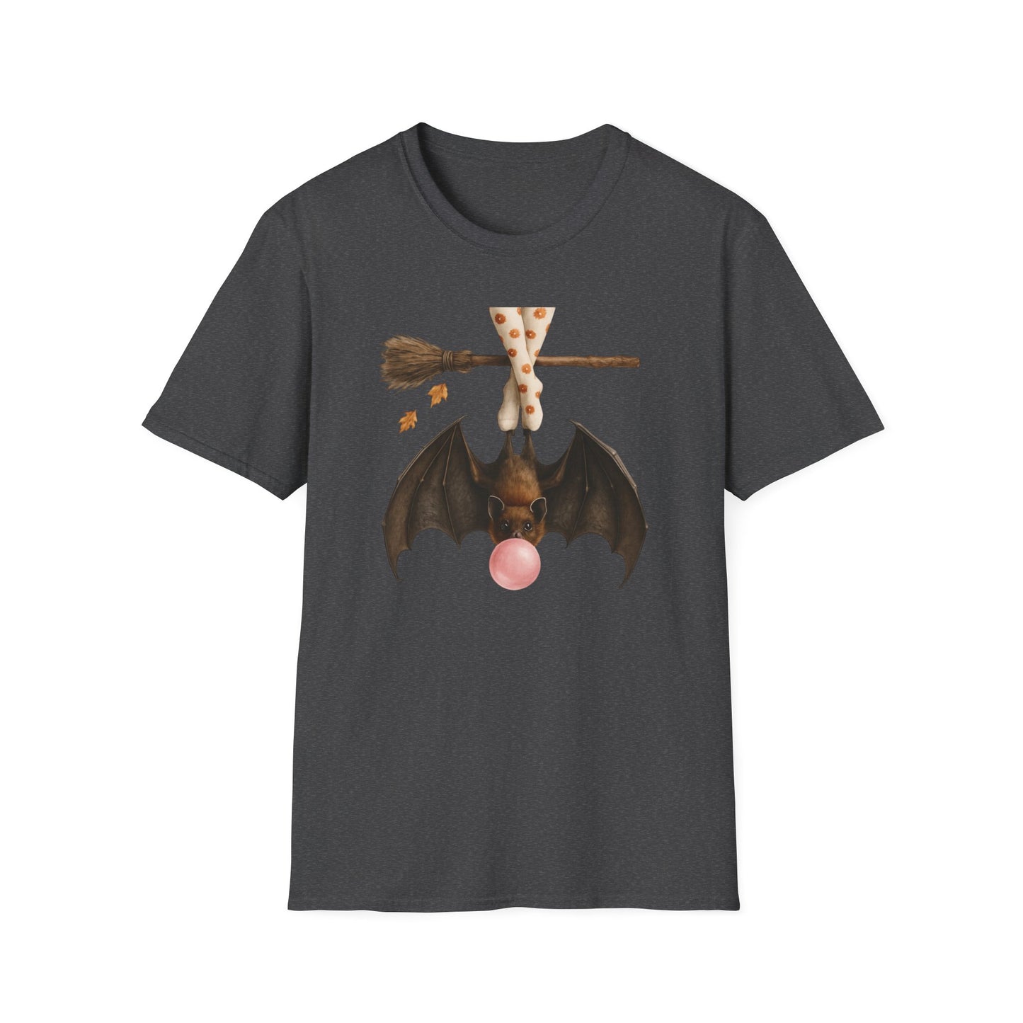 Bat and Bubblegum Unisex Softstyle T-Shirt, Halloween Top, Whimsical Graphic Tee, Cute Gift for Animal Lovers, Fall Vibes