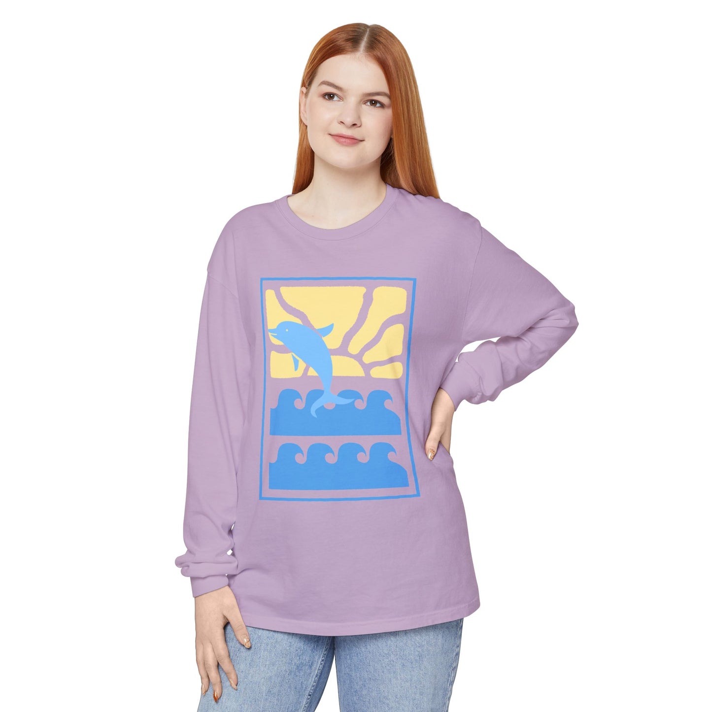 Sunset Dolphin Unisex Garment-dyed Long Sleeve T-Shirt - Psychonaut Swag