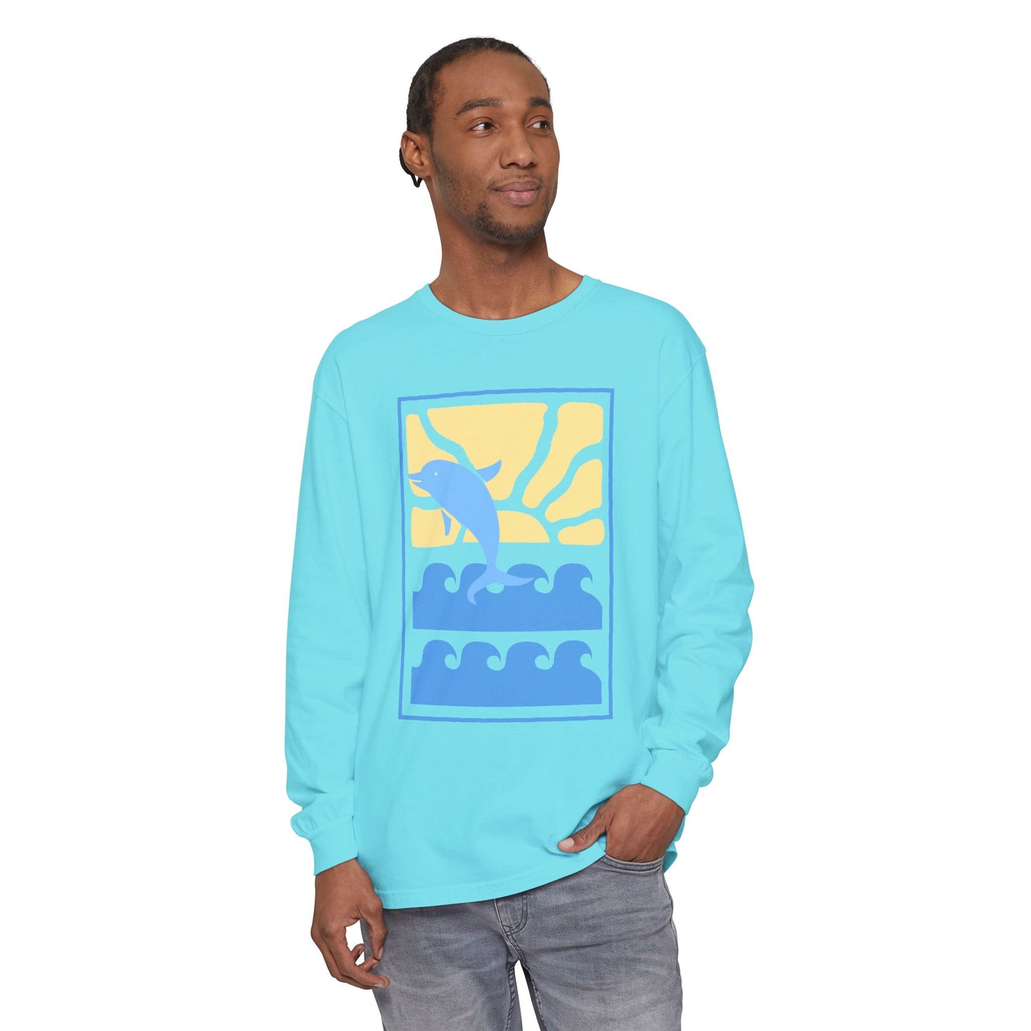 Sunset Dolphin Unisex Garment-dyed Long Sleeve T-Shirt - Psychonaut Swag