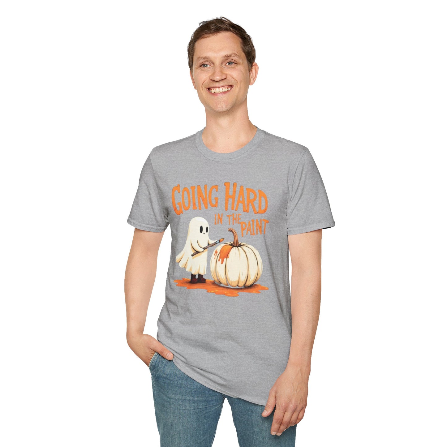 Halloween Ghost painting, T-Shirt, Fun Halloween Shirt, Unisex Softstyle Tee, Autumn Apparel, Pumpkin Design Tee