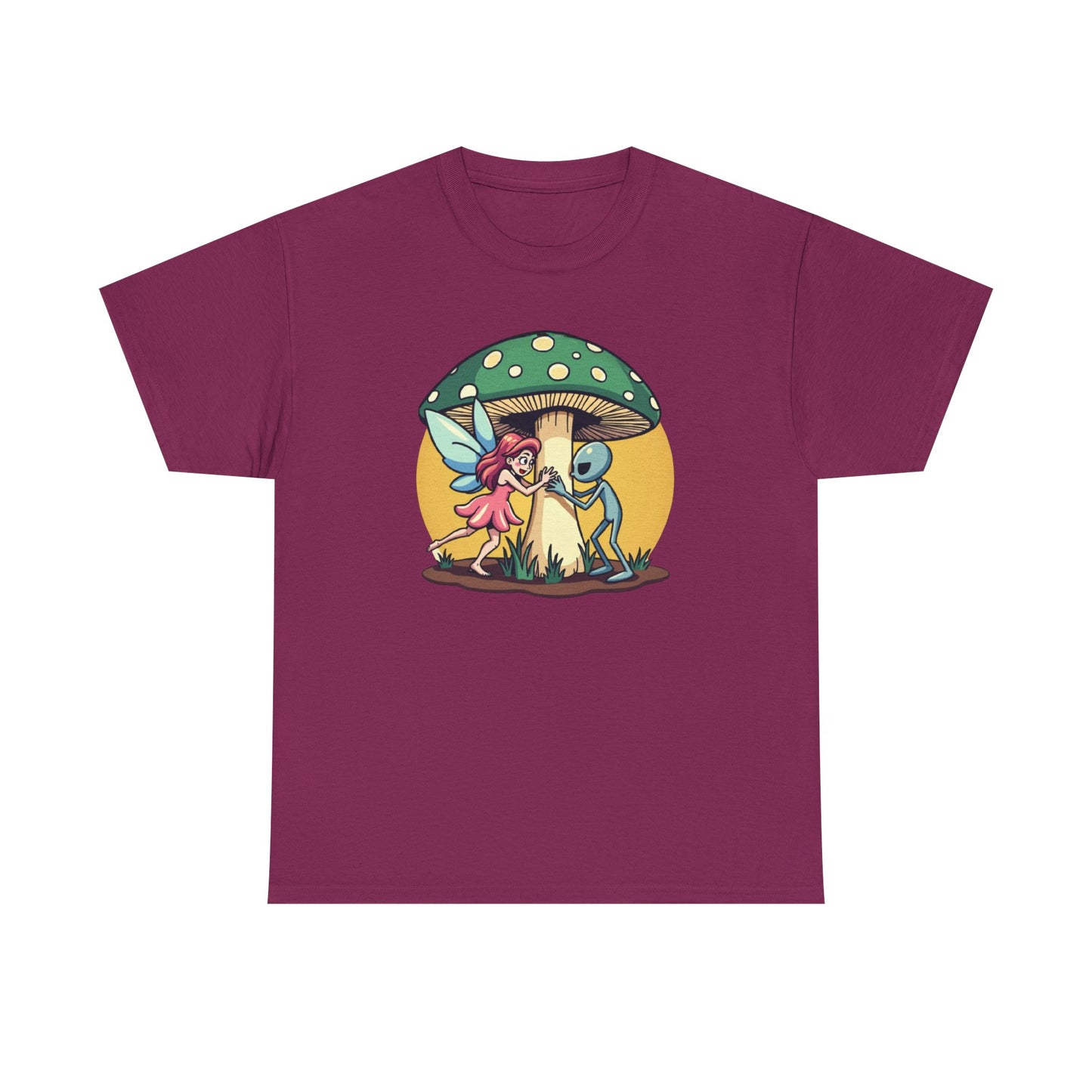 Alien chased by Fairy, Mushroom Unisex Heavy Cotton Tee - Psychonaut Swag