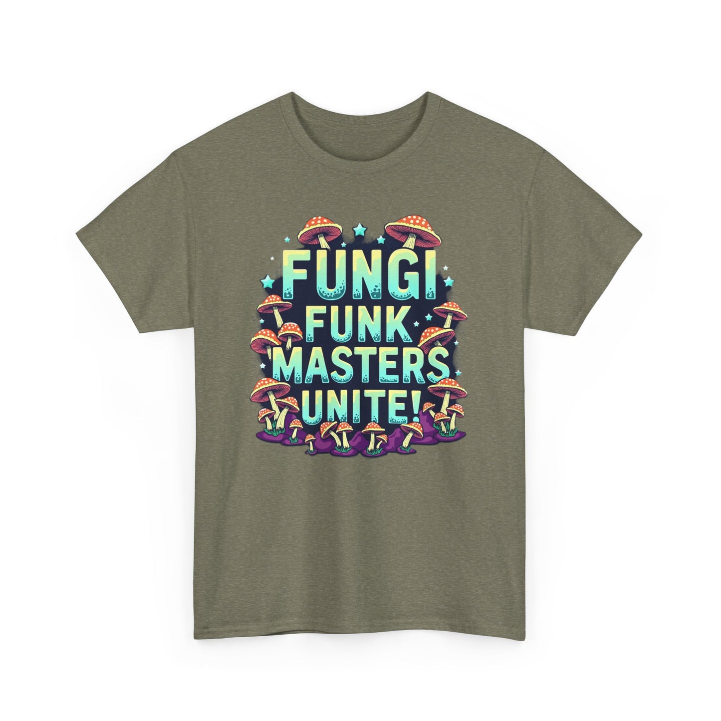 Fungi Funk Masters Unite Unisex Heavy Cotton Tee - Playful Mushroom Graphic T-Shirt - Psychonaut Swag