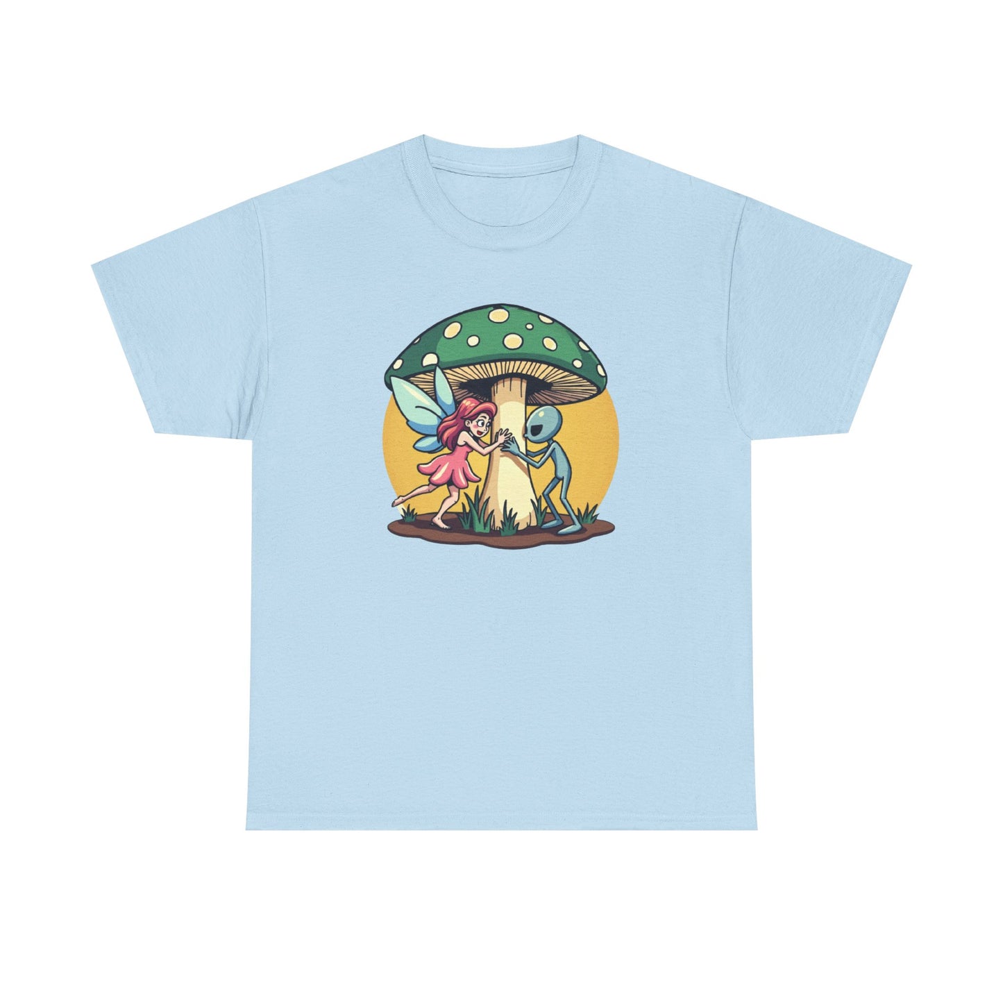 Alien chased by Fairy, Mushroom Unisex Heavy Cotton Tee - Psychonaut Swag
