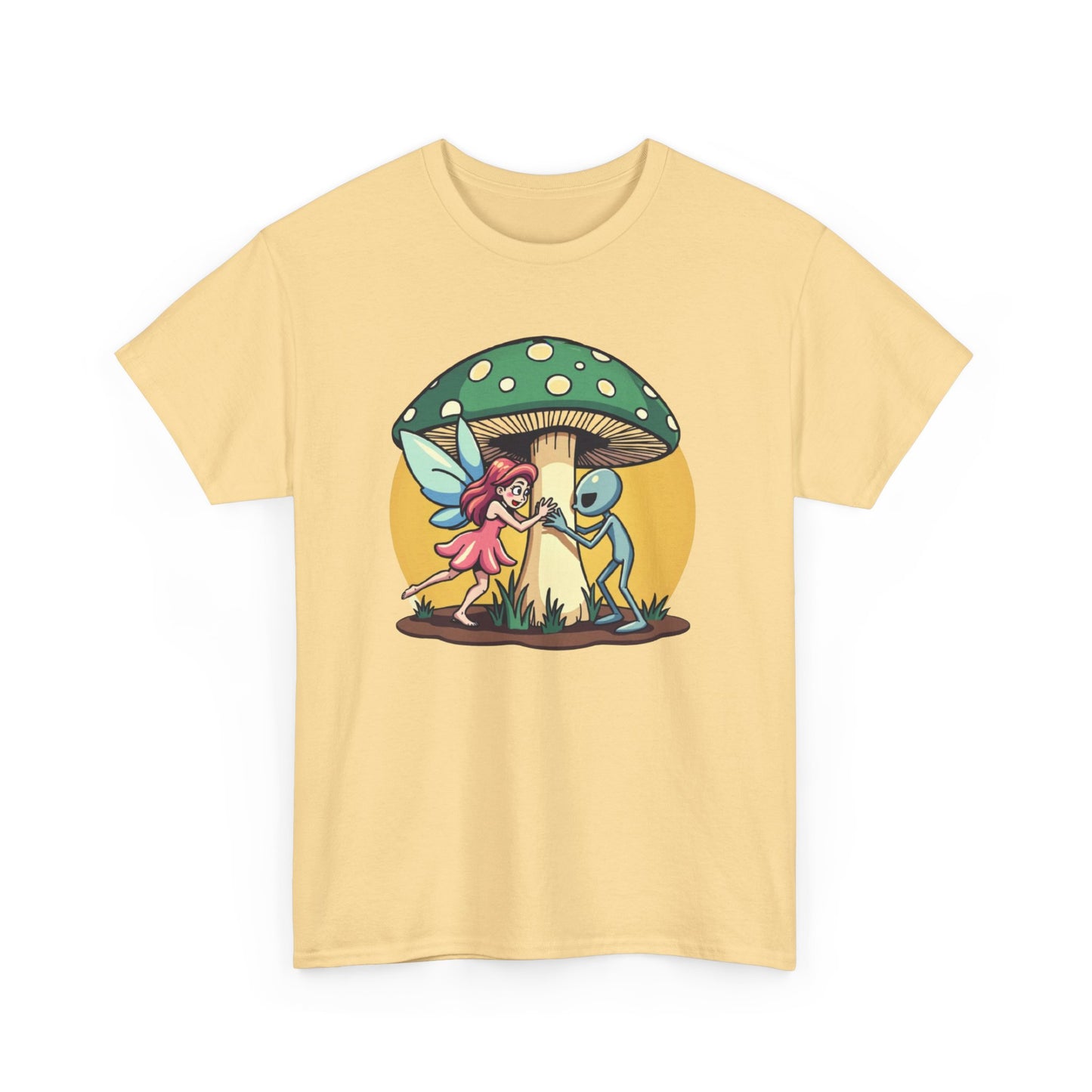 Alien chased by Fairy, Mushroom Unisex Heavy Cotton Tee - Psychonaut Swag