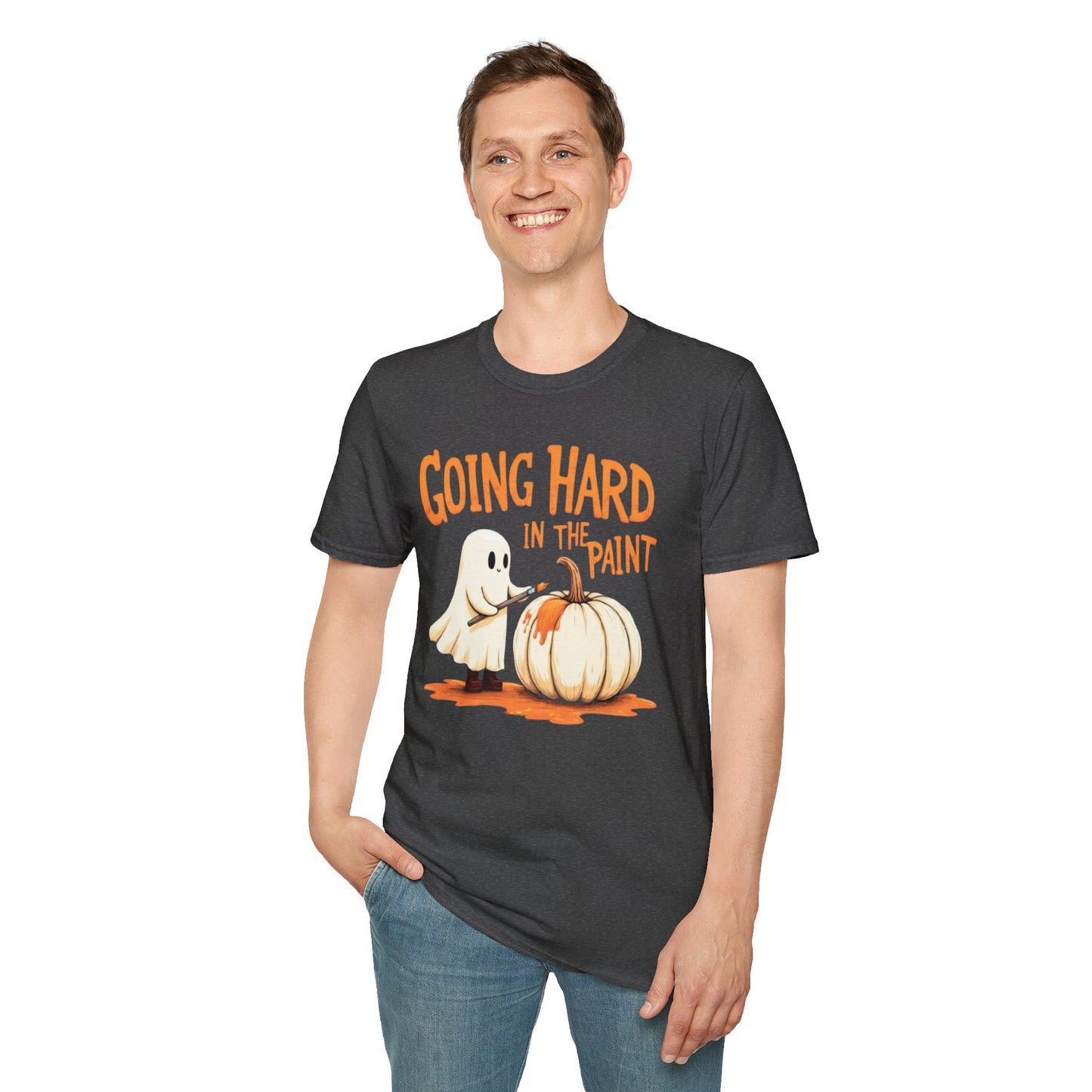 Halloween Ghost painting, T-Shirt, Fun Halloween Shirt, Unisex Softstyle Tee, Autumn Apparel, Pumpkin Design Tee