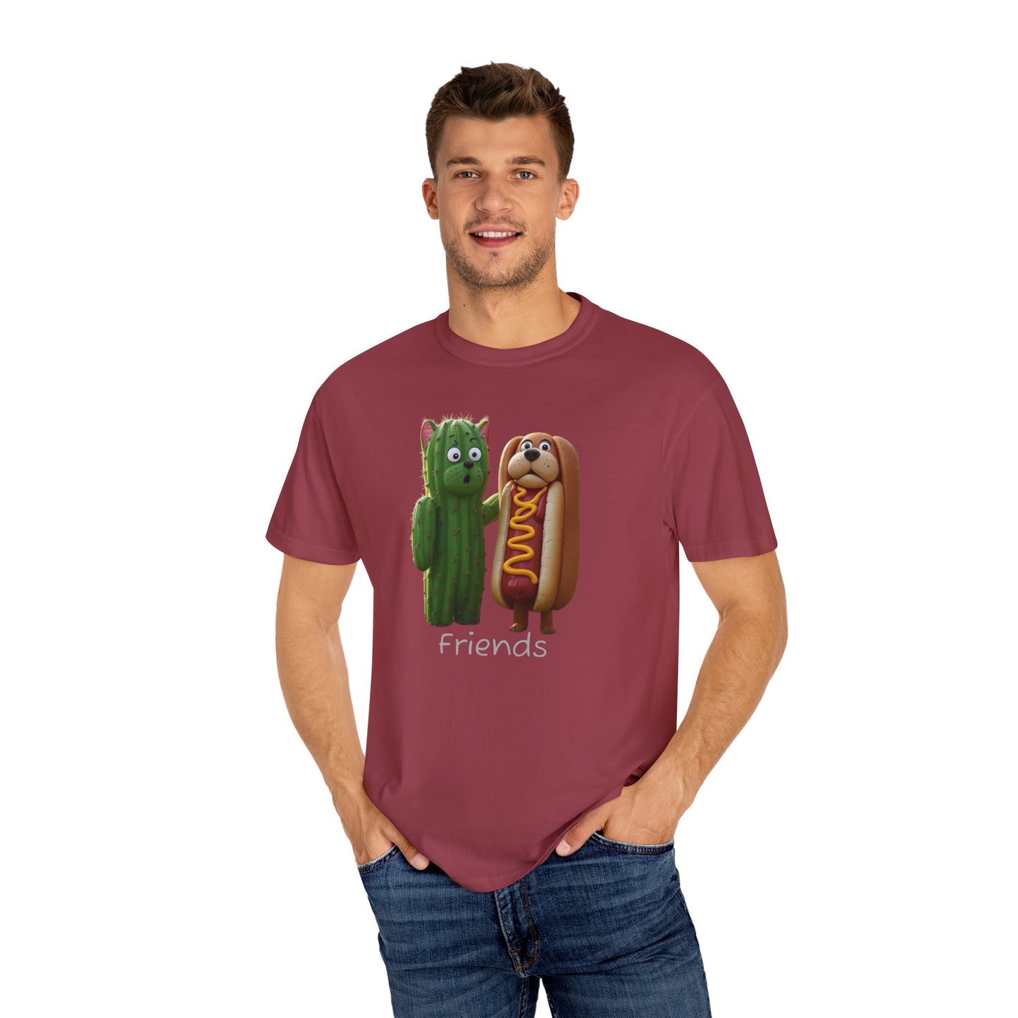 Friends Cactus and Hot Dog, Cartoon T-Shirt, Cute Tee for Kids and Adults, Humorous Gift for Food Lovers, Summer Casual Wear, Birthday Gift