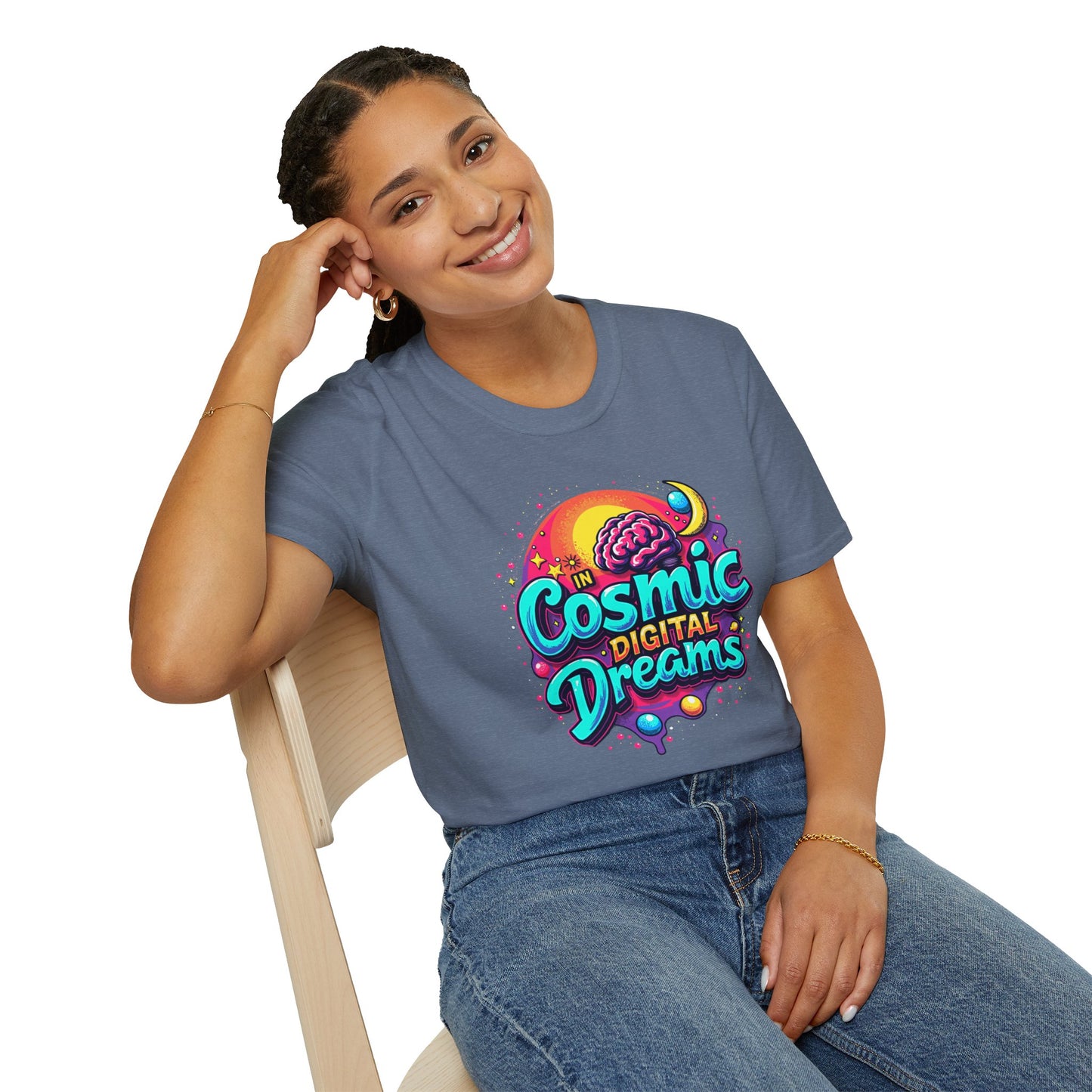 Cosmic Digital Dreams Unisex Softstyle T-Shirt - Vibrant Space-Inspired Design - Psychonaut Swag