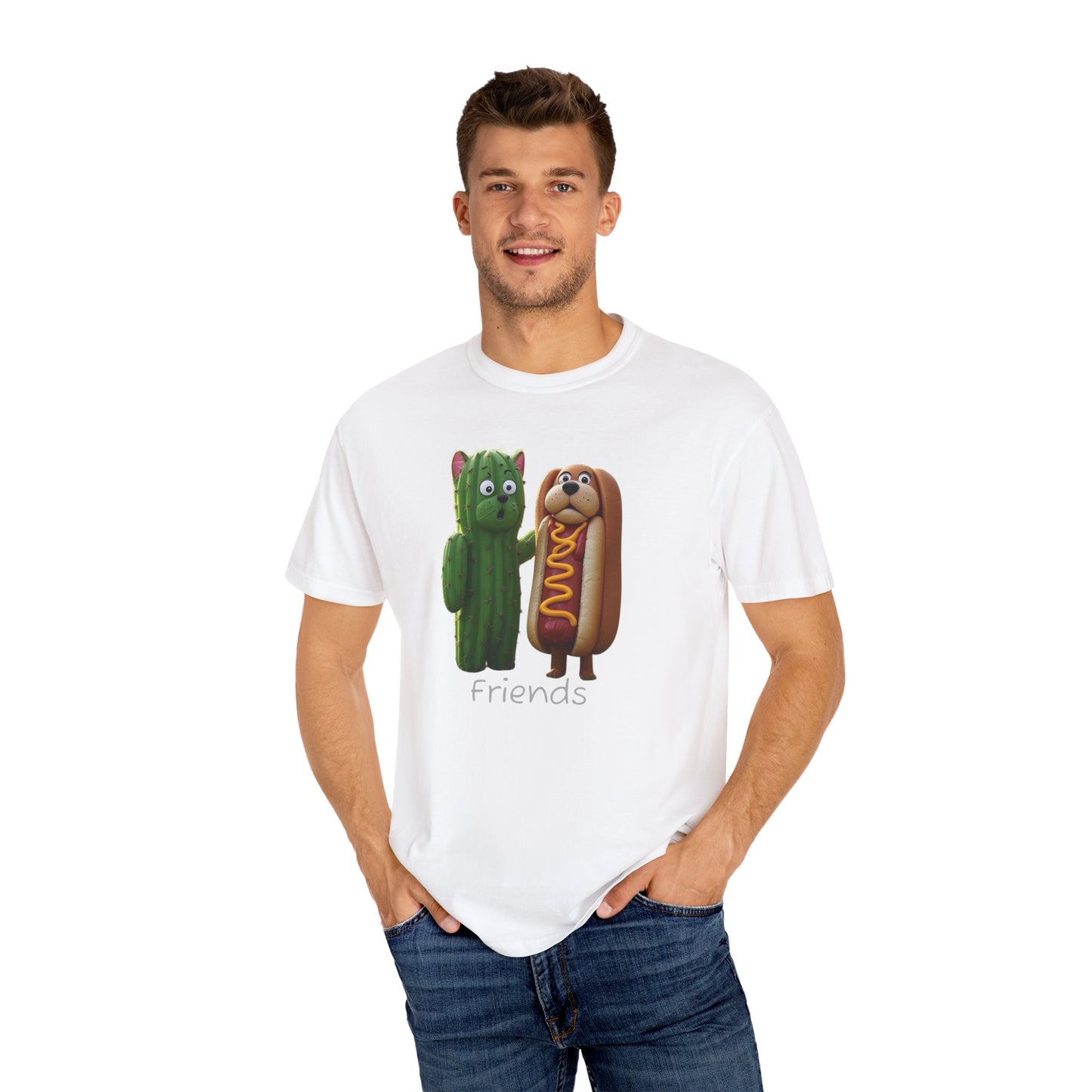 Friends Cactus and Hot Dog, Cartoon T-Shirt, Cute Tee for Kids and Adults, Humorous Gift for Food Lovers, Summer Casual Wear, Birthday Gift