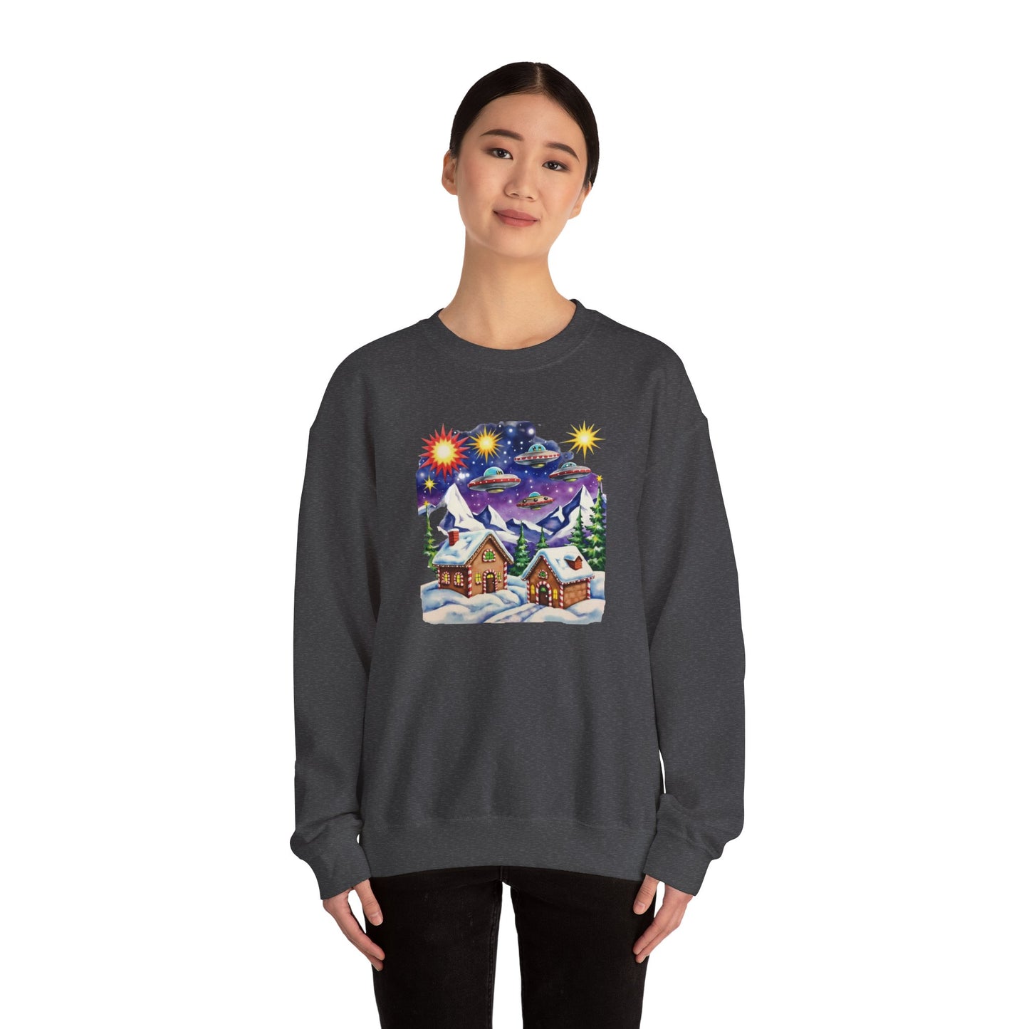 Crewneck Sweatshirt — Cozy Winter Cabin with UFO Nightscape