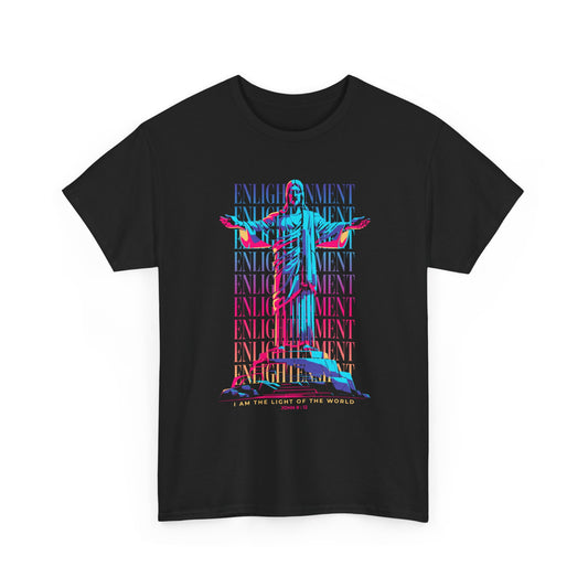 Enlightenment Tee — Neon Statue Graphic T-Shirt ("Entertainment" Text Design)
