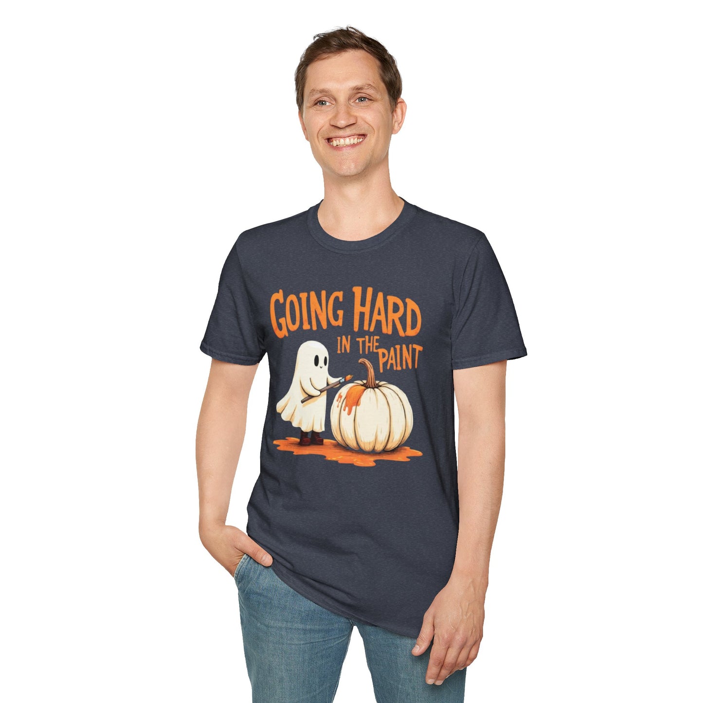 Halloween Ghost painting, T-Shirt, Fun Halloween Shirt, Unisex Softstyle Tee, Autumn Apparel, Pumpkin Design Tee
