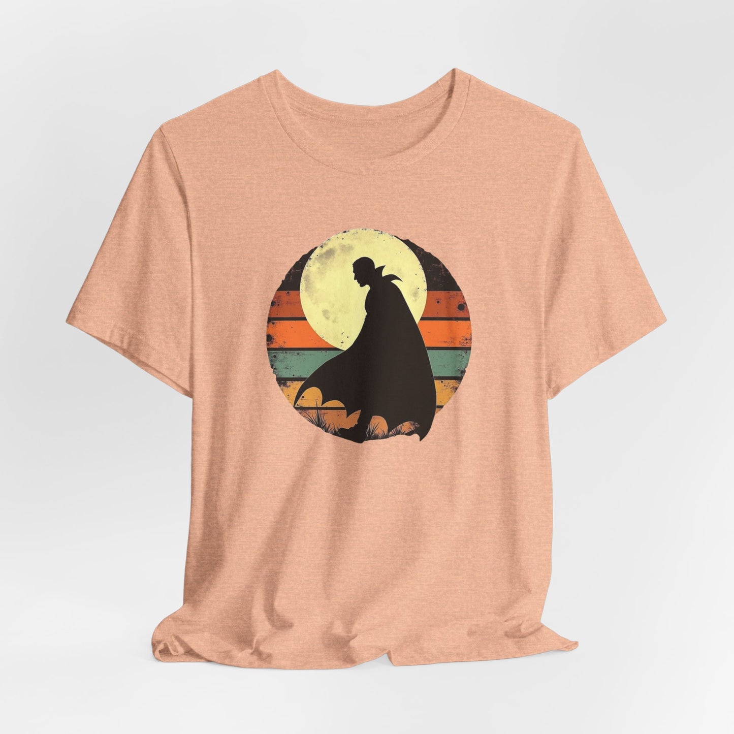 Vampire Silhouette Moon Tee — Retro Sunset Gothic Halloween T-Shirt