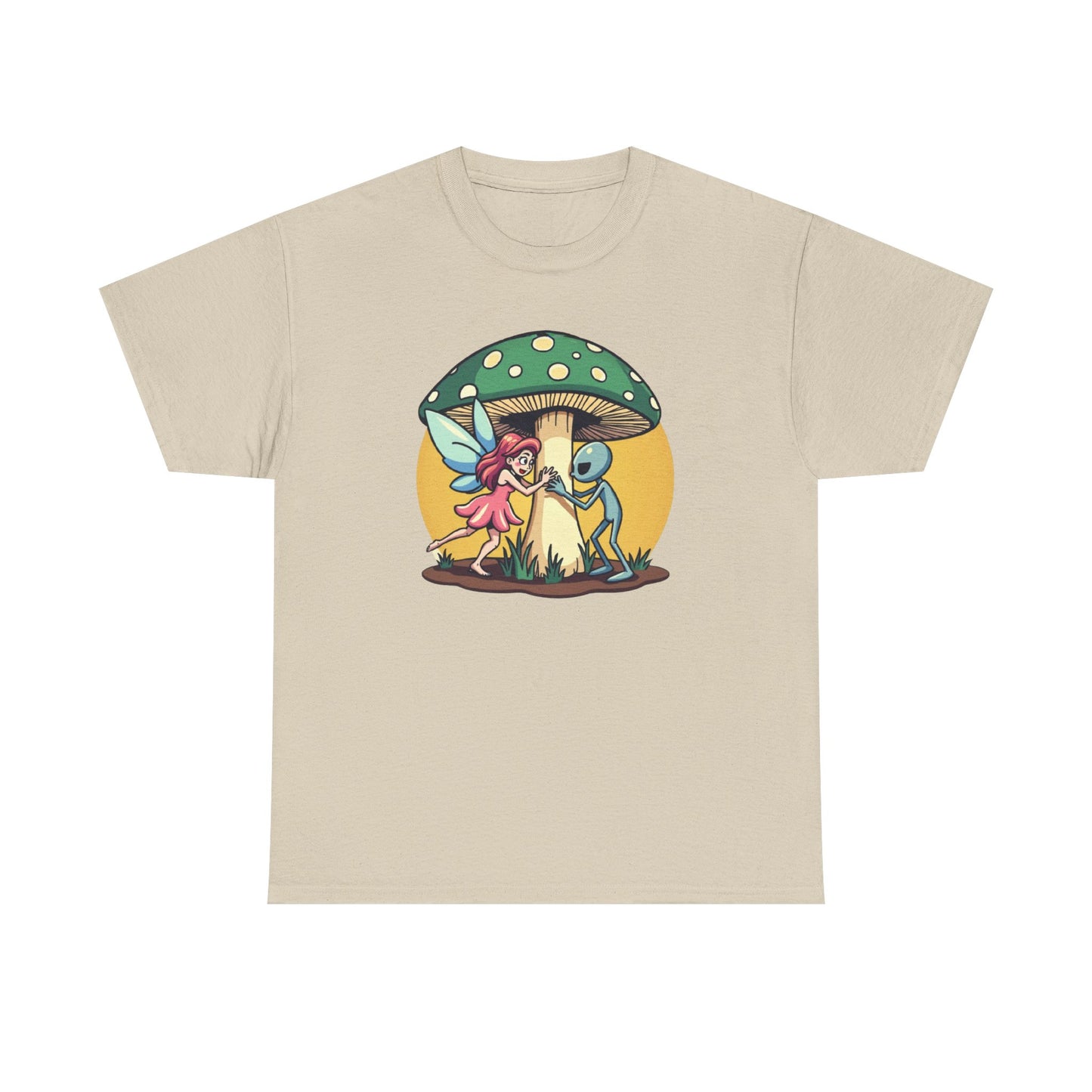 Alien chased by Fairy, Mushroom Unisex Heavy Cotton Tee - Psychonaut Swag