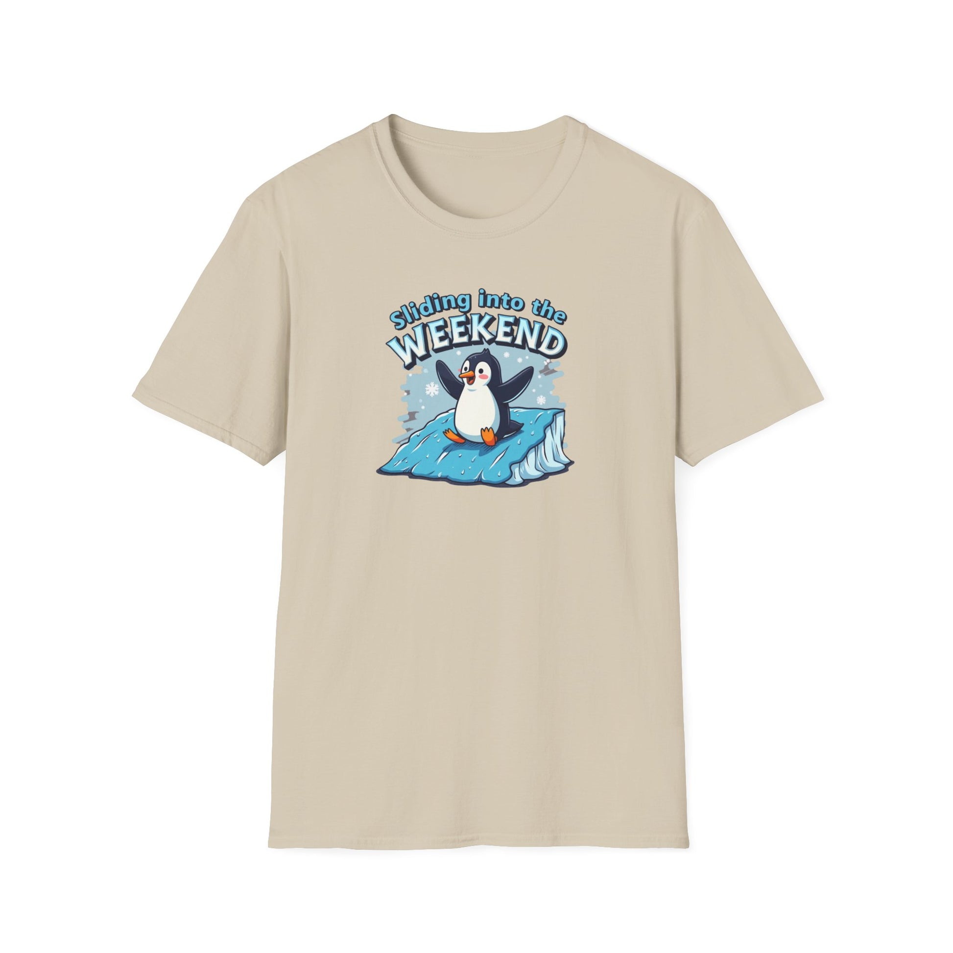 Sliding Penguin, Weekend Vibes T-Shirt, Funny Graphic Tee, Penguin Design Shirt, Casual Apparel, Unisex Softstyle T-Shirt - Psychonaut Swag