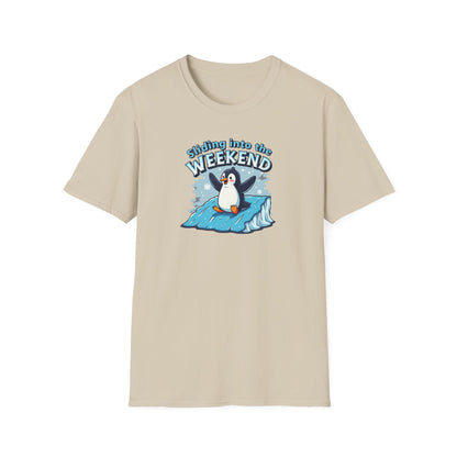 Sliding Penguin, Weekend Vibes T-Shirt, Funny Graphic Tee, Penguin Design Shirt, Casual Apparel, Unisex Softstyle T-Shirt - Psychonaut Swag