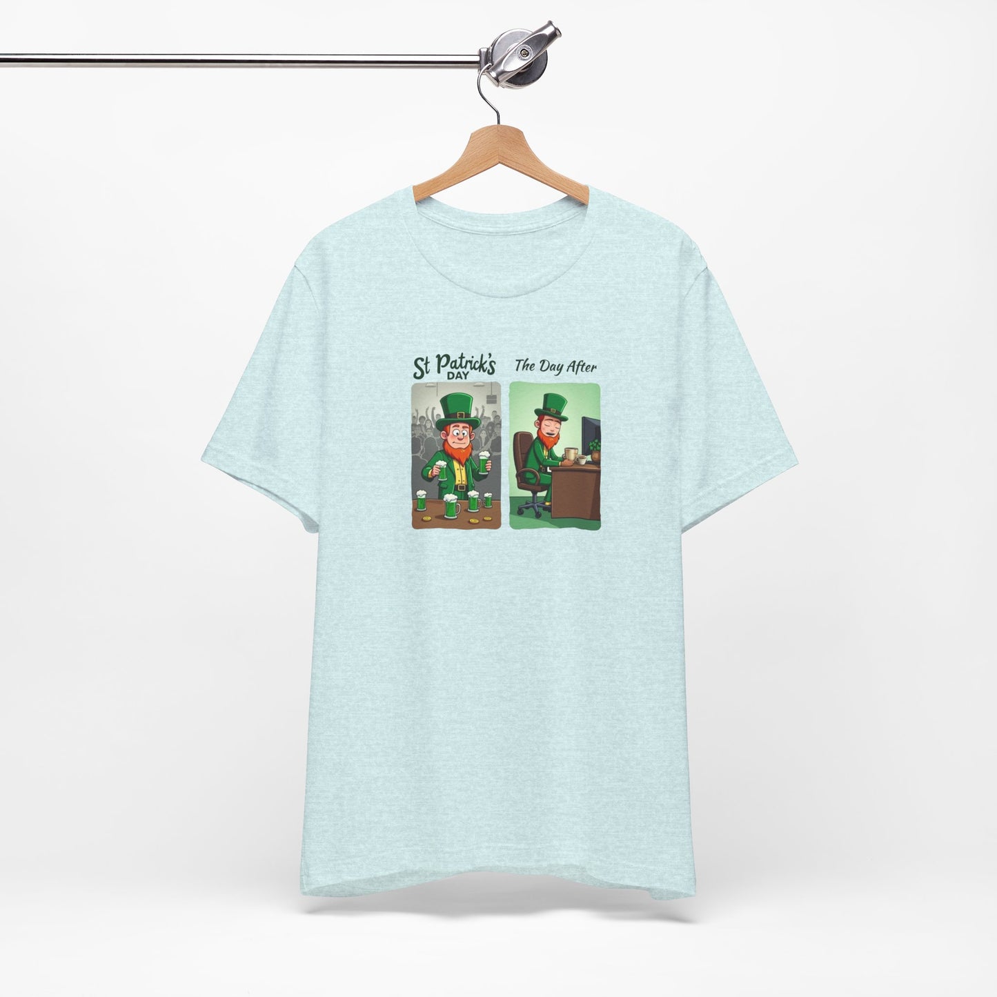 St. Patrick's Day Leprechaun Funny Cartoon T-Shirt — "St. Patrick's Day / The Day After" Tee