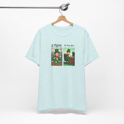 St. Patrick's Day Leprechaun Funny Cartoon T-Shirt — "St. Patrick's Day / The Day After" Tee