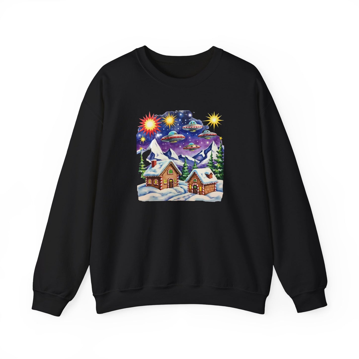 Crewneck Sweatshirt — Cozy Winter Cabin with UFO Nightscape