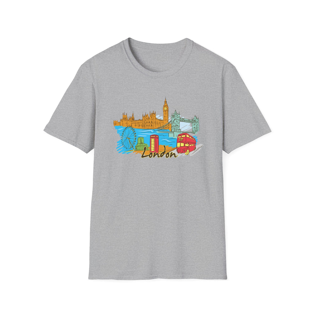 London Watercolor Skyline T-Shirt — Big Ben, Red Bus & Phone Booth Graphic