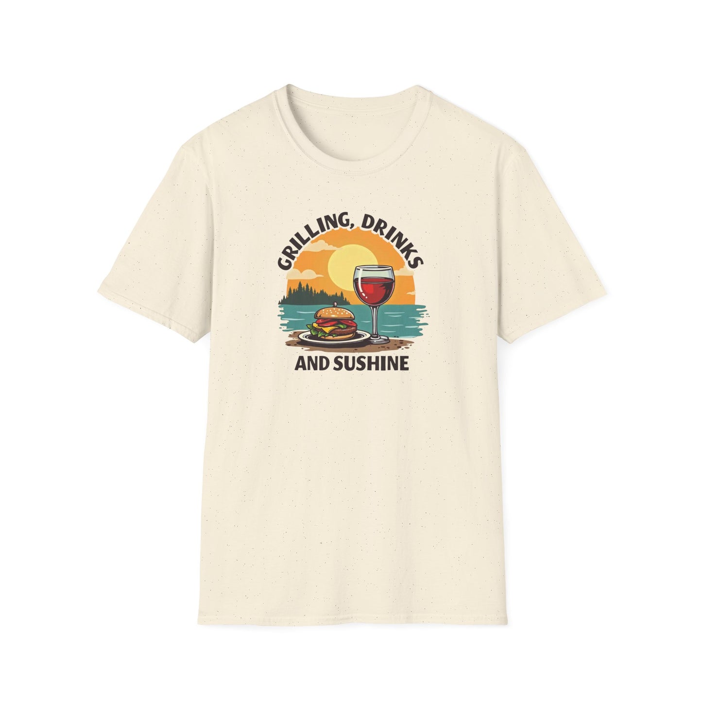 T-Shirt — Grilling, Drinks and Sunshine Retro Sunset BBQ Wine Tee