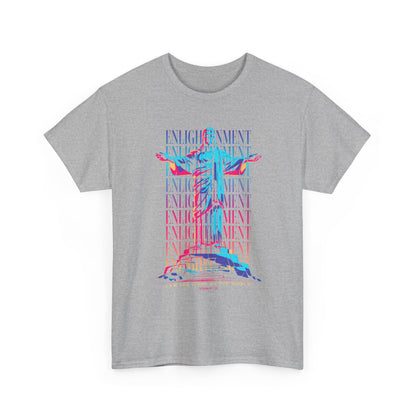 Enlightenment Tee — Neon Statue Graphic T-Shirt ("Entertainment" Text Design)