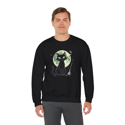Black Cat Moon Crewneck Sweatshirt — Cute Witchy Cat Graphic