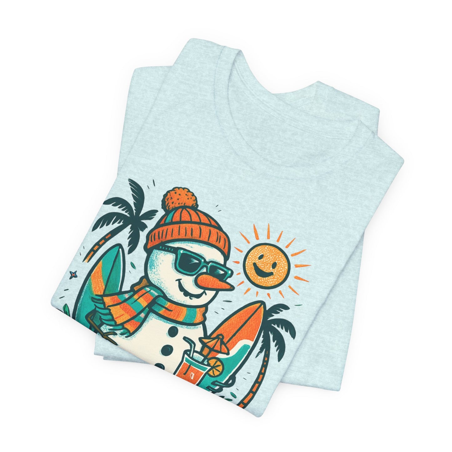 Frosty on Vacation Graphic Tee — Surfing Snowman with Drink Summer Holiday T-Shirt
