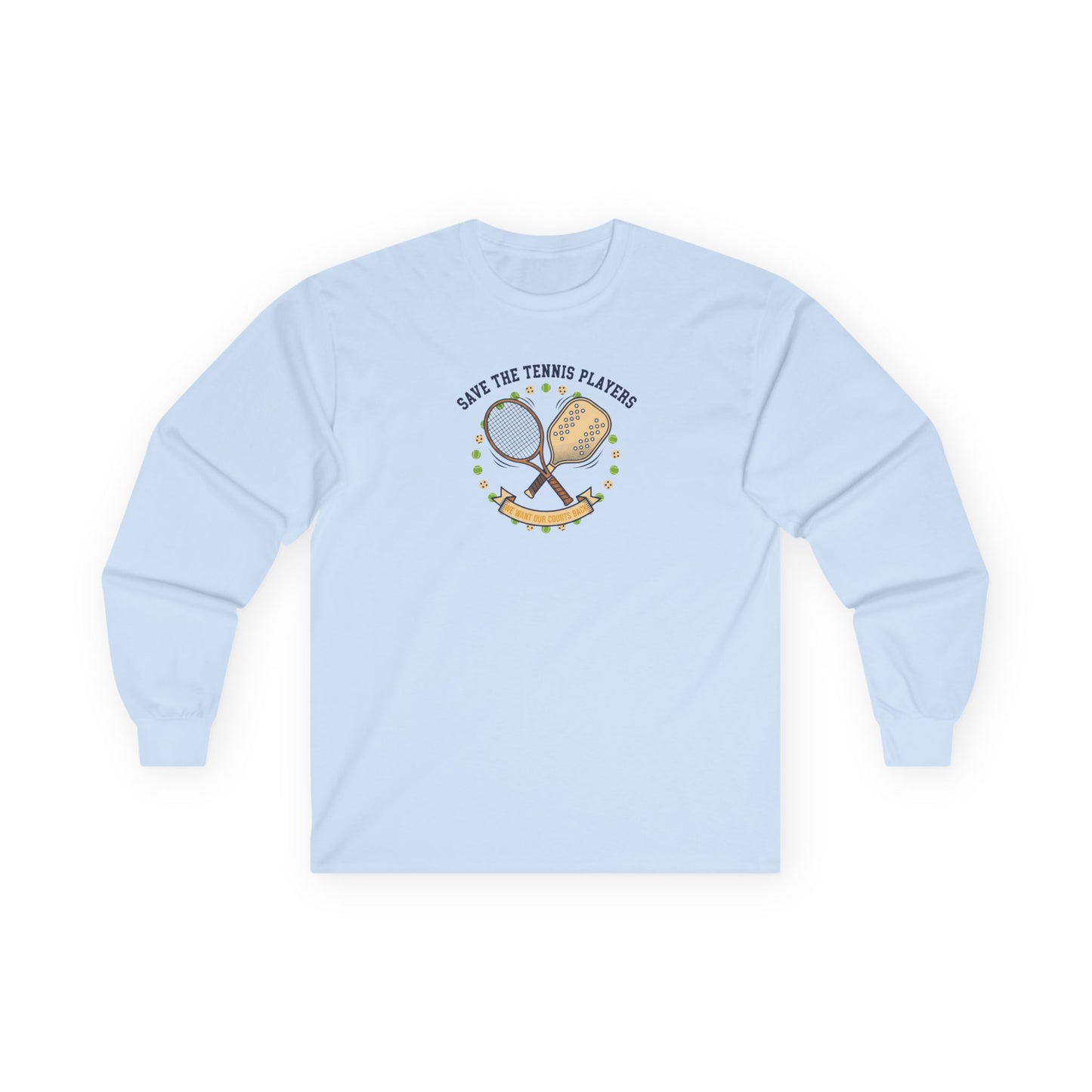 Save the Tennis Players Long Sleeve Tee — Vintage Tennis Racket Graphic