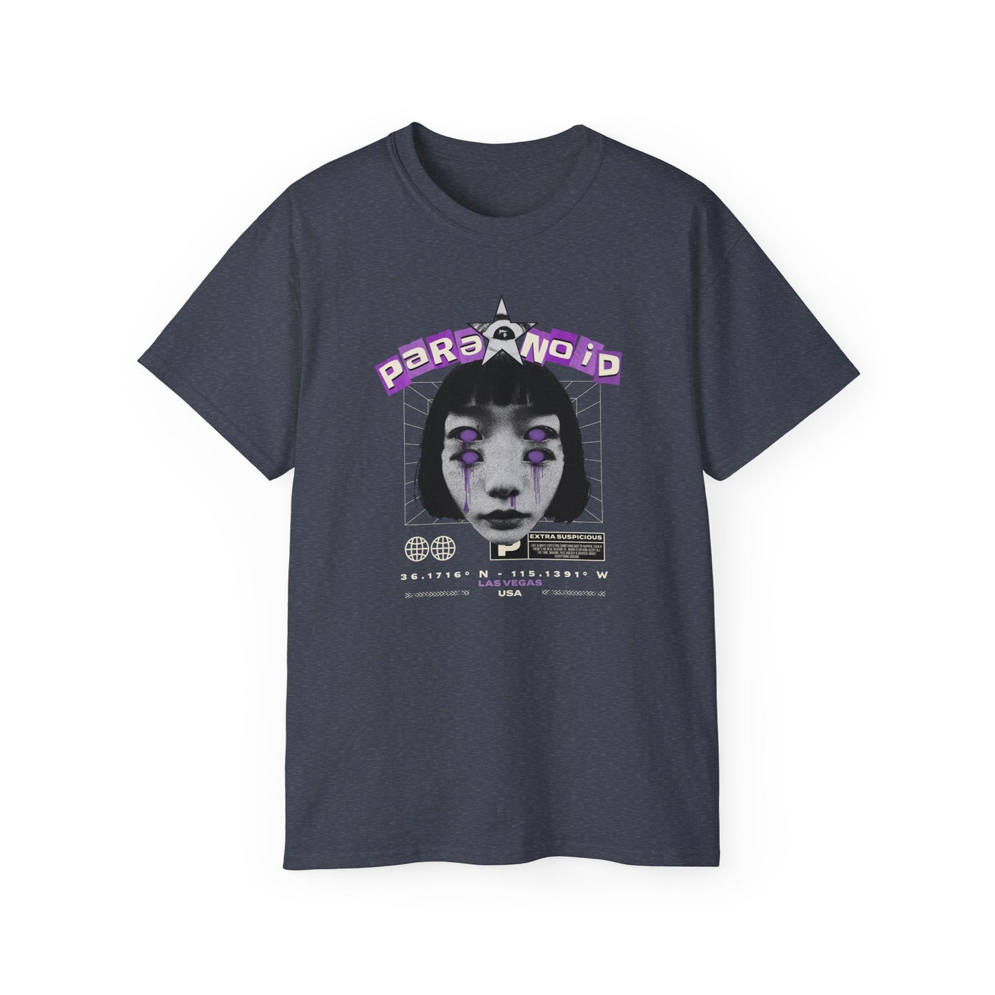 Paranoid in Vegas, Retro Cyber Goth Tee — Purple Distorted Face Graphic Shirt