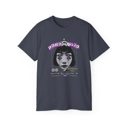Paranoid in Vegas, Retro Cyber Goth Tee — Purple Distorted Face Graphic Shirt