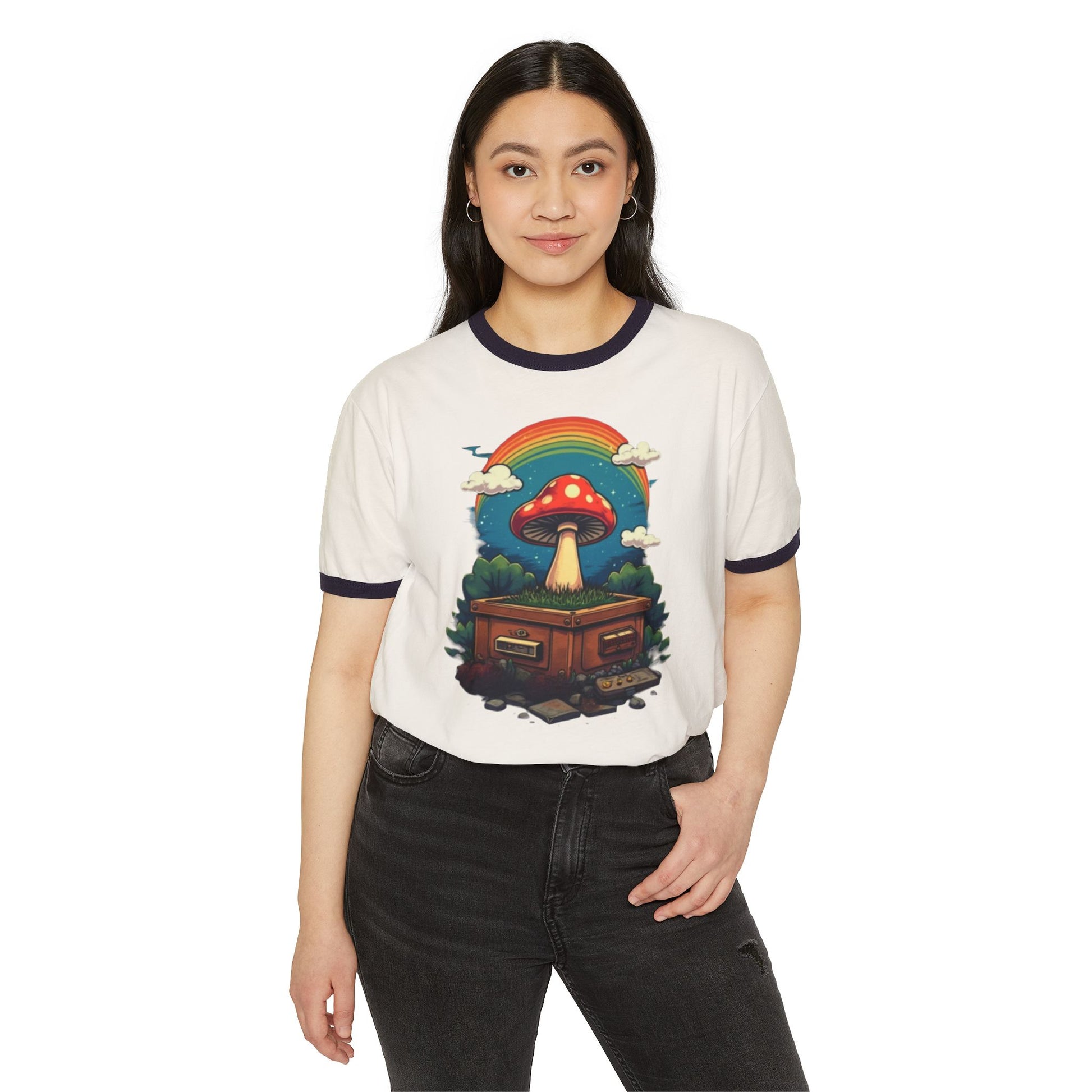 Rainbow Mushroom Unisex Cotton Ringer T-Shirt | Psychedelic Tee, Retro Fashion, Gift for Nature Lovers, Summer Wear, Festival Shirt - Psychonaut Swag