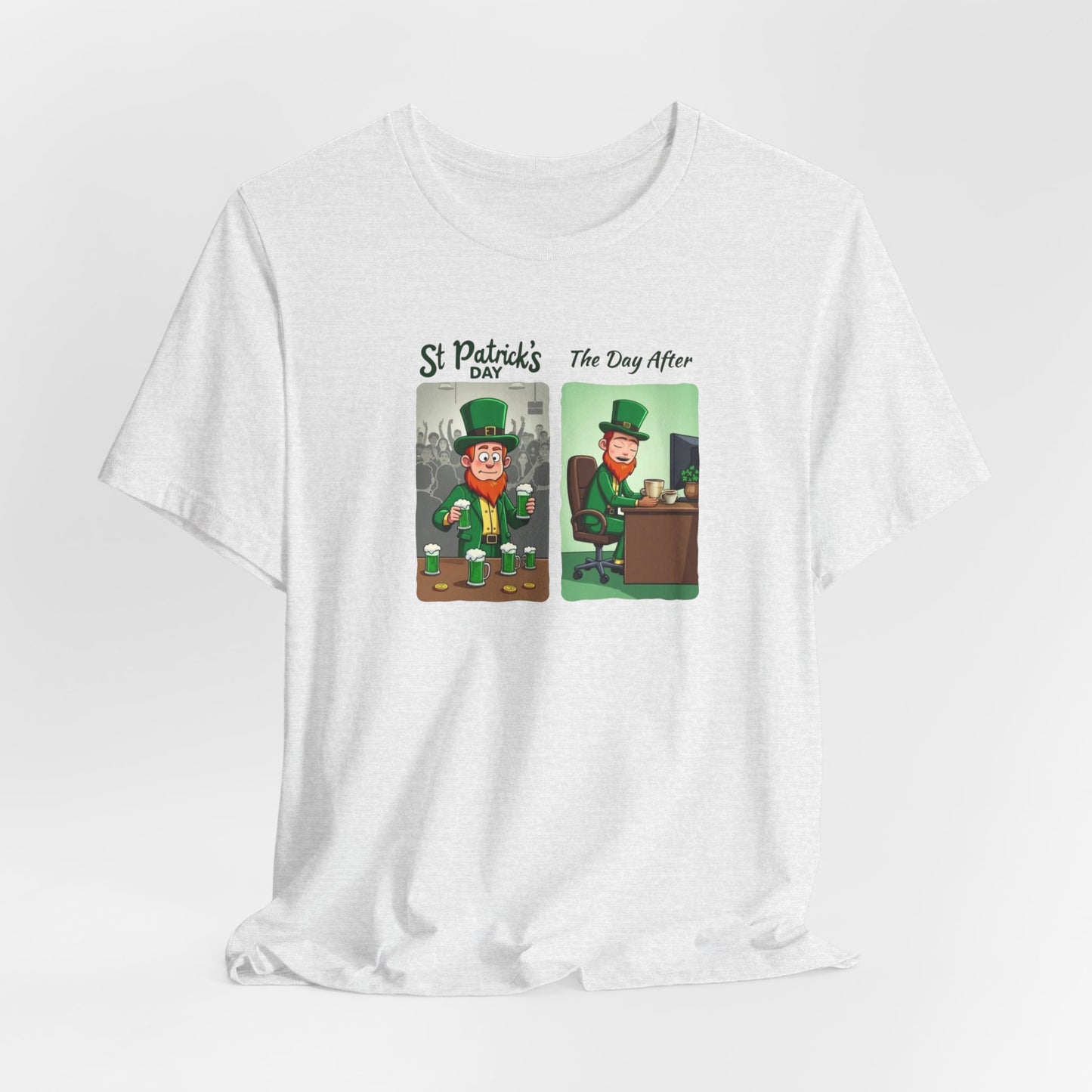 St. Patrick's Day Leprechaun Funny Cartoon T-Shirt — "St. Patrick's Day / The Day After" Tee