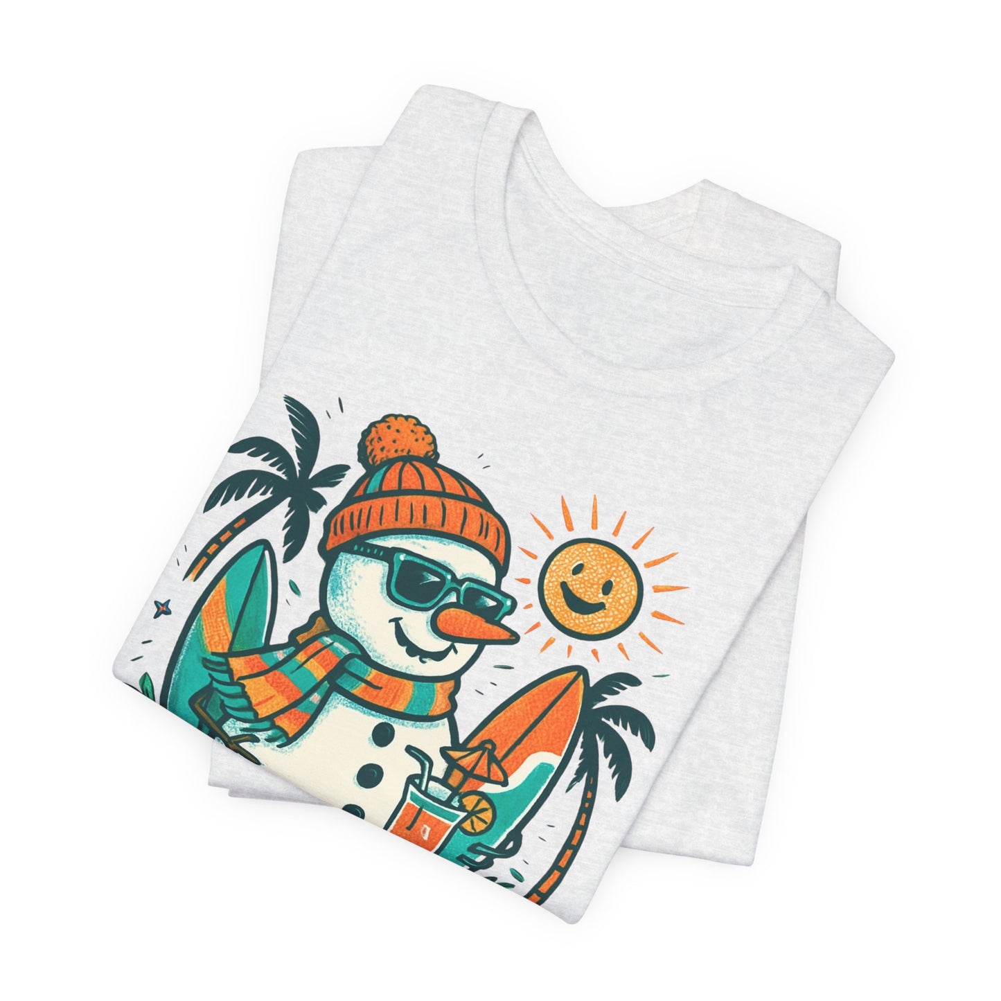Frosty on Vacation Graphic Tee — Surfing Snowman with Drink Summer Holiday T-Shirt