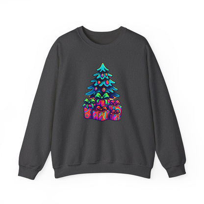 Psychedelic Christmas Tree Sweatshirt — Colorful Holiday Tree with Gifts Crewneck