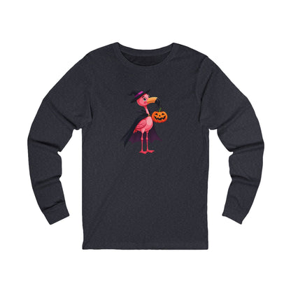 Halloween Flamingo Long Sleeve Tee — Cute Witch Flamingo with Jack‑o’‑Lantern